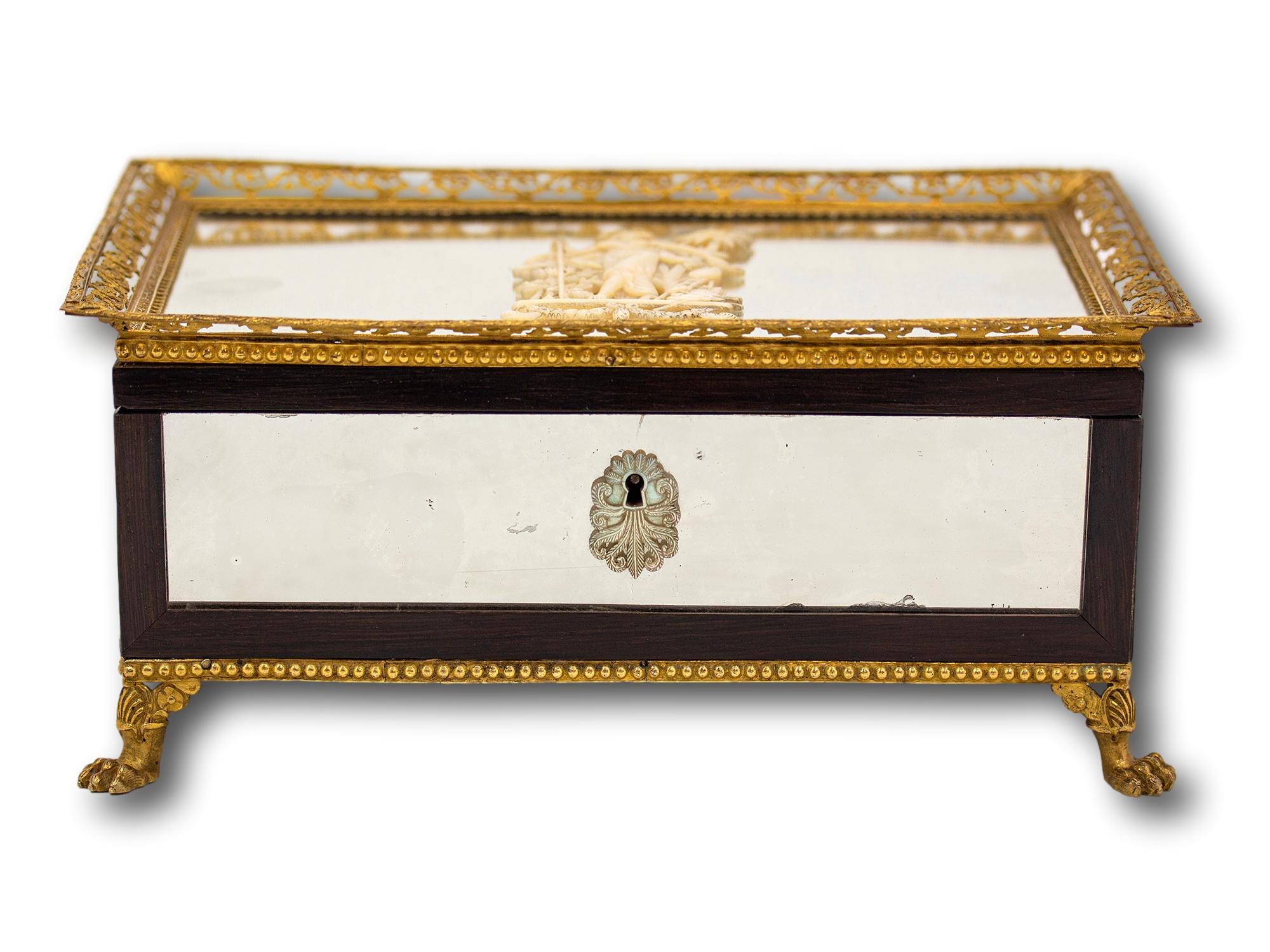 Internal Music Box Playing Two Aires 

From our Writing Box collection, we are delighted to bring to the market this exceptional French Palais Royal Musical Writing Box. The Writing Box of slim rectangular form raised upon ormolu lion pad feet with