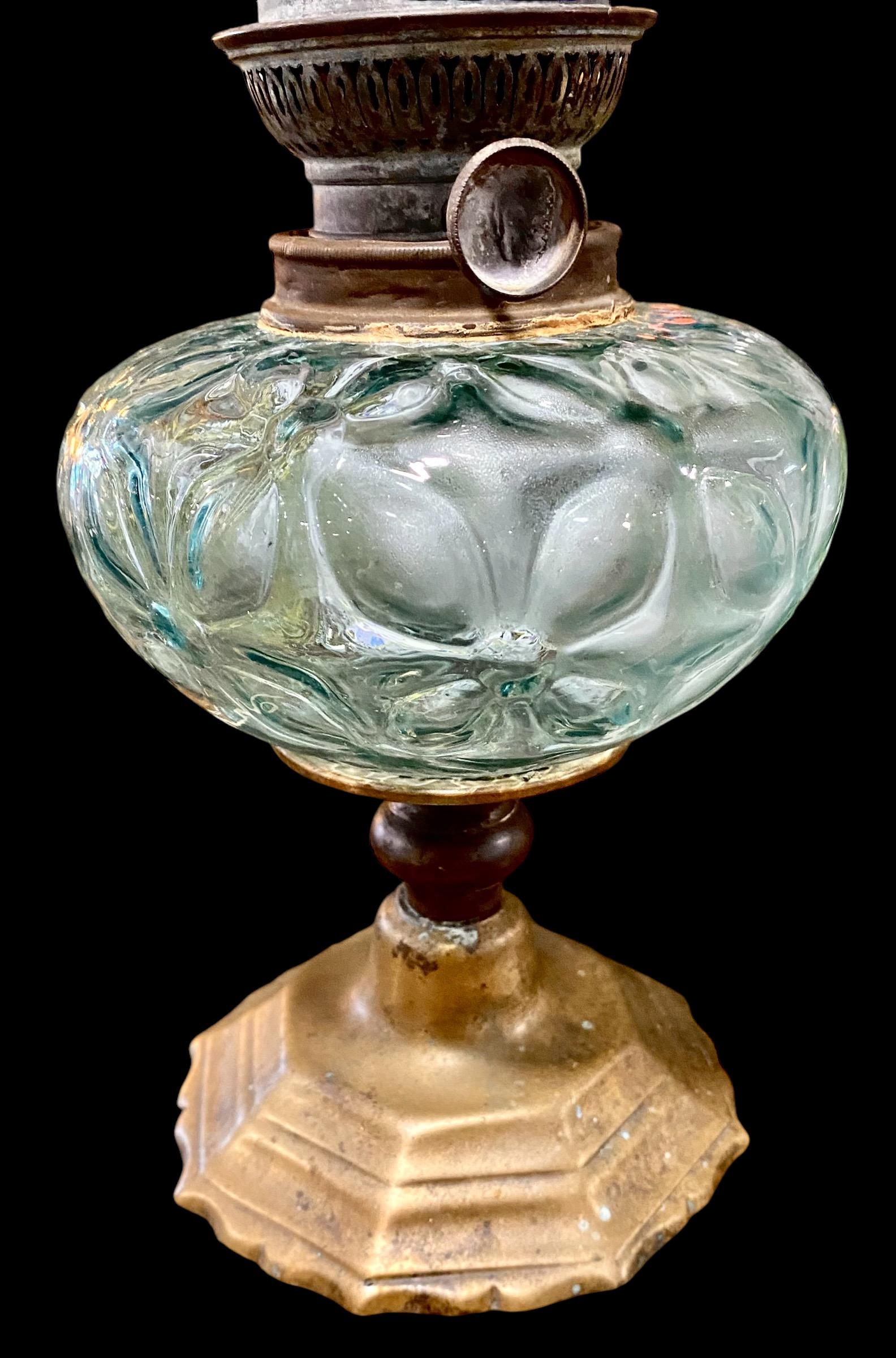 Belle Époque Antique French Pale Blue Optic Glass And Brass Oil Lamp For Sale