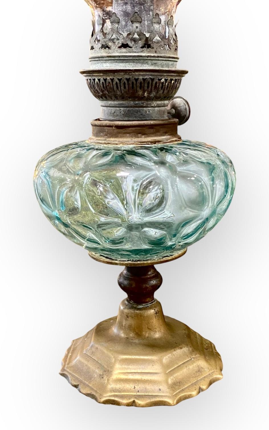 Plated Antique French Pale Blue Optic Glass And Brass Oil Lamp For Sale
