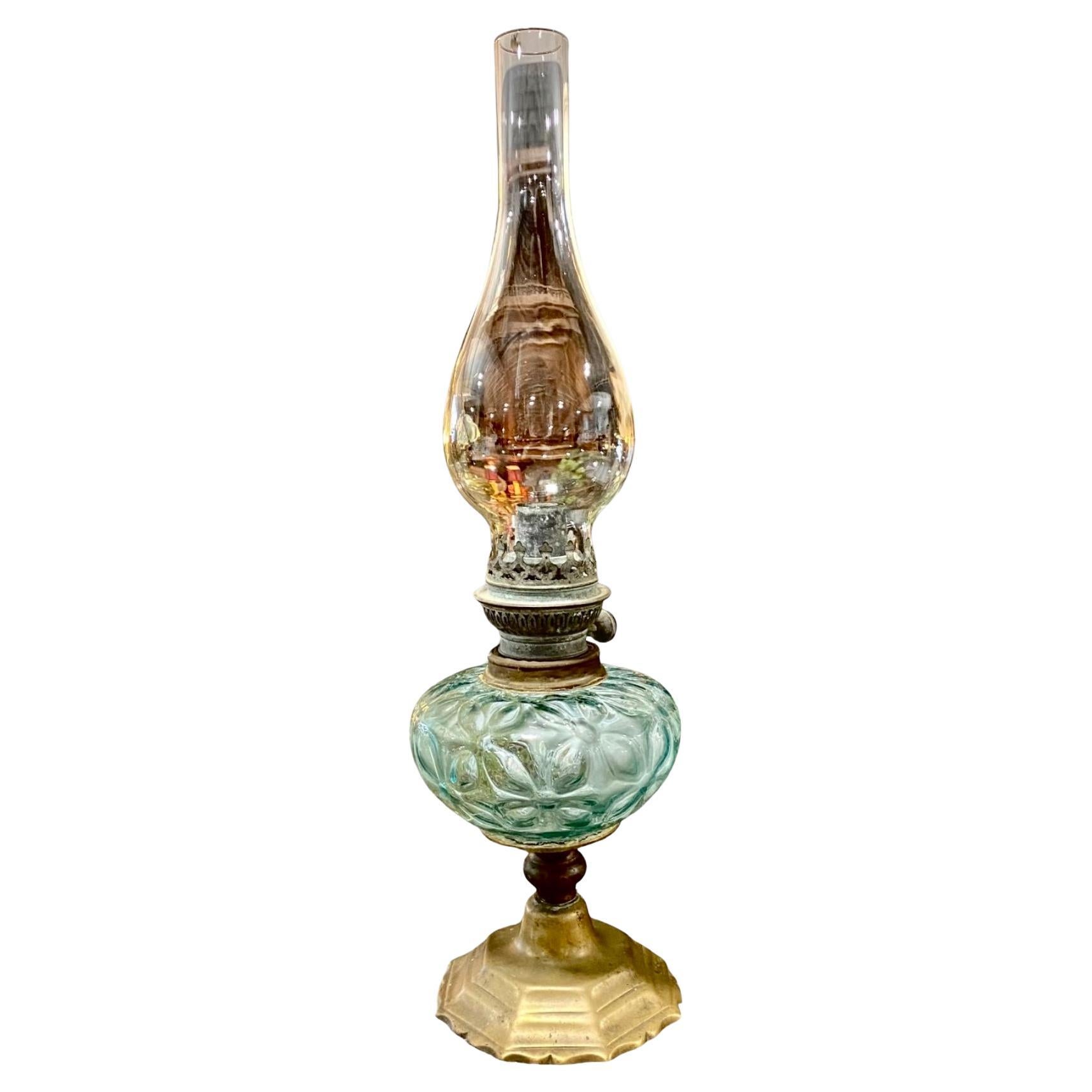 Antique French Pale Blue Optic Glass And Brass Oil Lamp For Sale