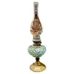 Antique French Pale Blue Optic Glass And Brass Oil Lamp