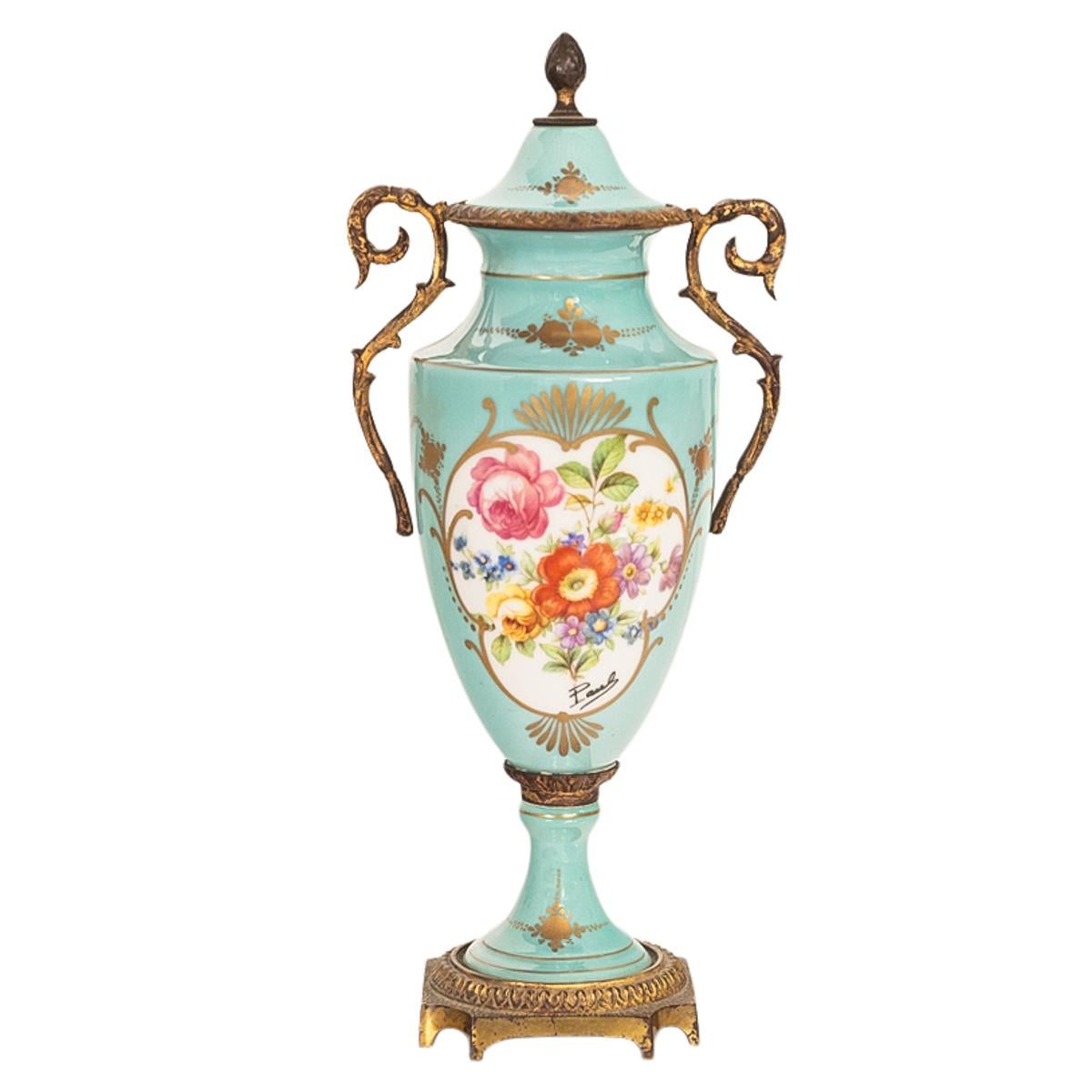Antique French Pale Blue Sevres Paris Porcelain Ormolu Vase Coupe Garniture 1915 For Sale 9