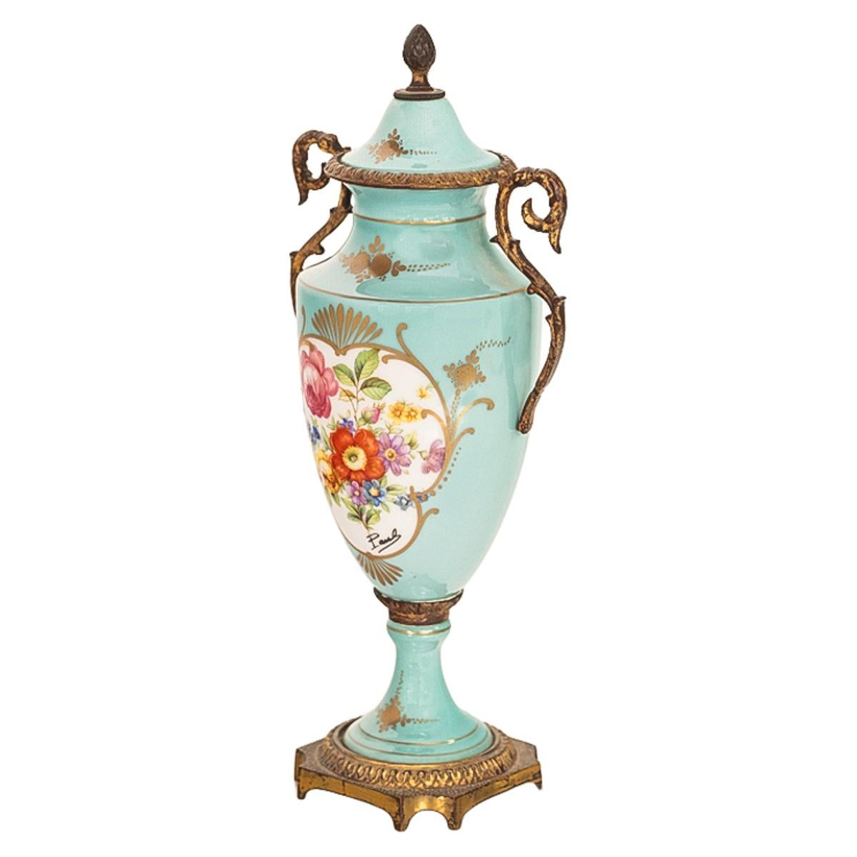 Antique French Pale Blue Sevres Paris Porcelain Ormolu Vase Coupe Garniture 1915 For Sale 10