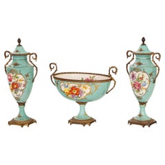 Antique French Pale Blue Sevres Paris Porcelain Ormolu Vase Coupe Garniture 1915