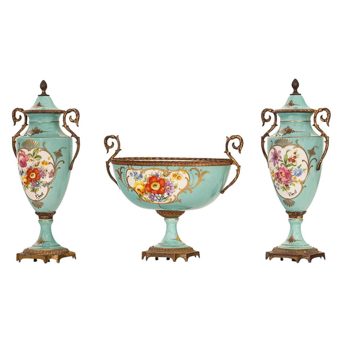 Edwardian Antique French Pale Blue Sevres Paris Porcelain Ormolu Vase Coupe Garniture 1915 For Sale