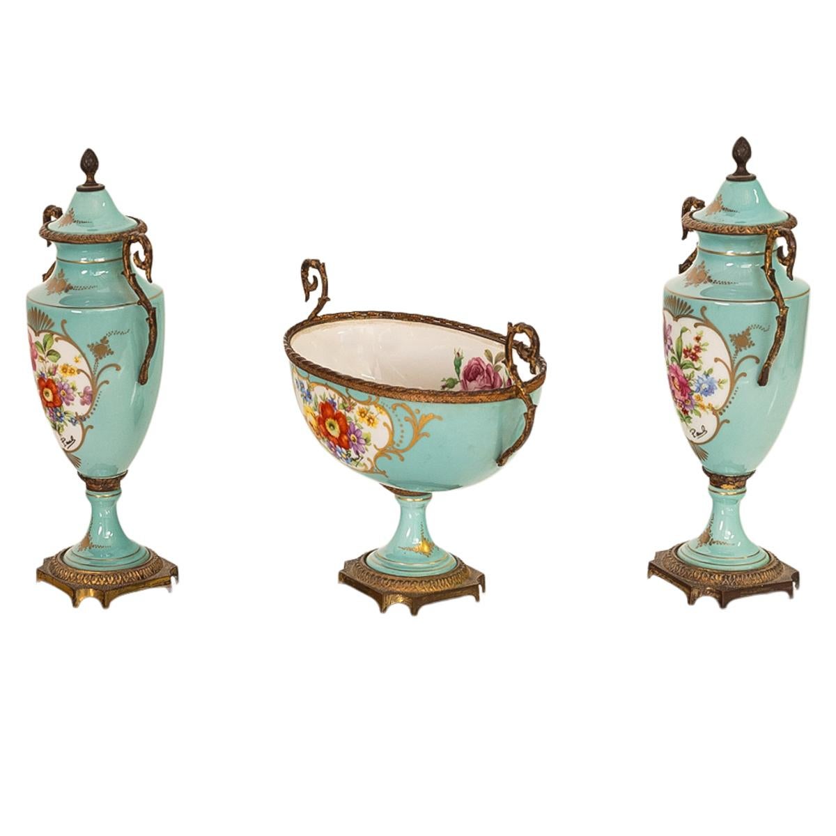 Hand-Painted Antique French Pale Blue Sevres Paris Porcelain Ormolu Vase Coupe Garniture 1915 For Sale