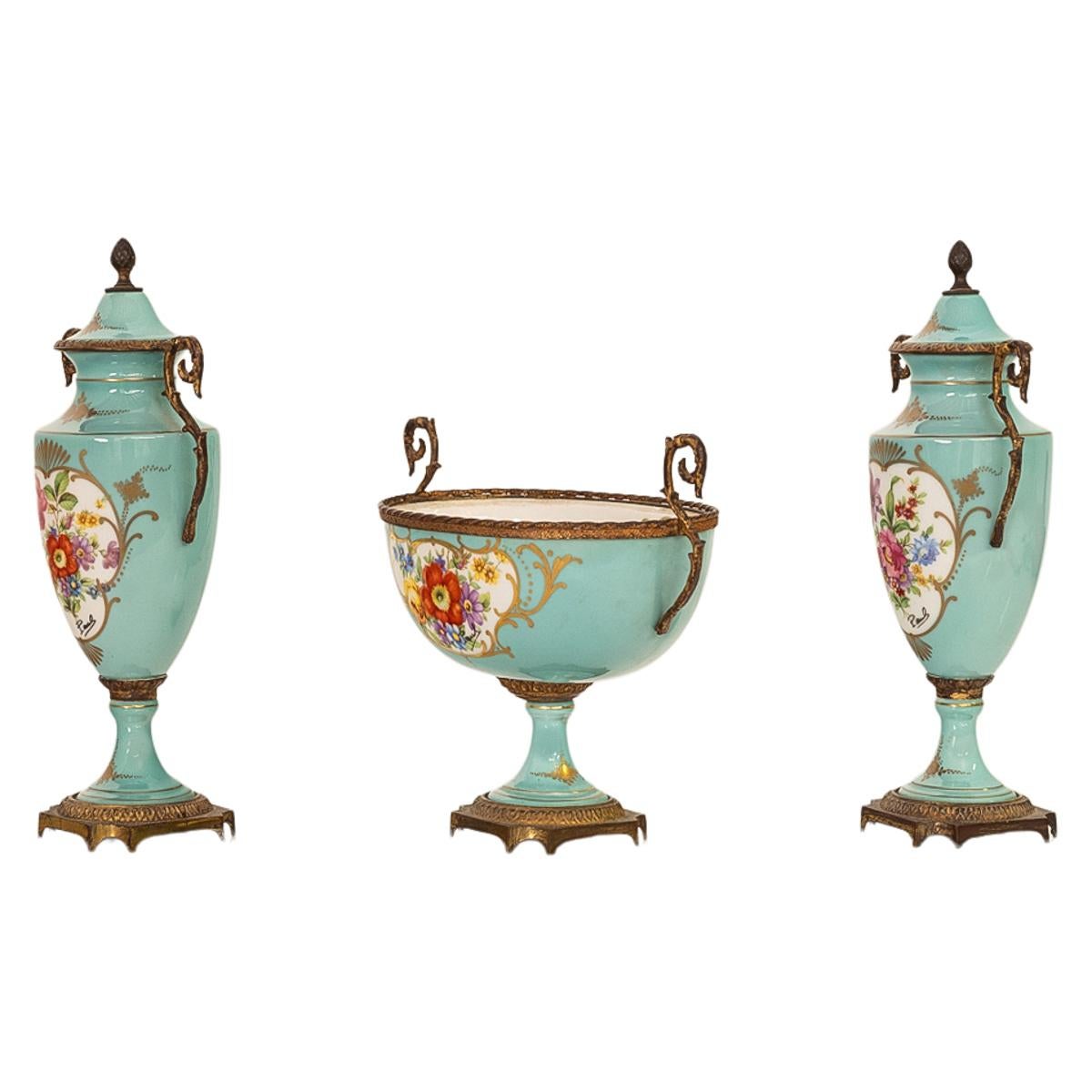 Antique French Pale Blue Sevres Paris Porcelain Ormolu Vase Coupe Garniture 1915 In Good Condition For Sale In Portland, OR