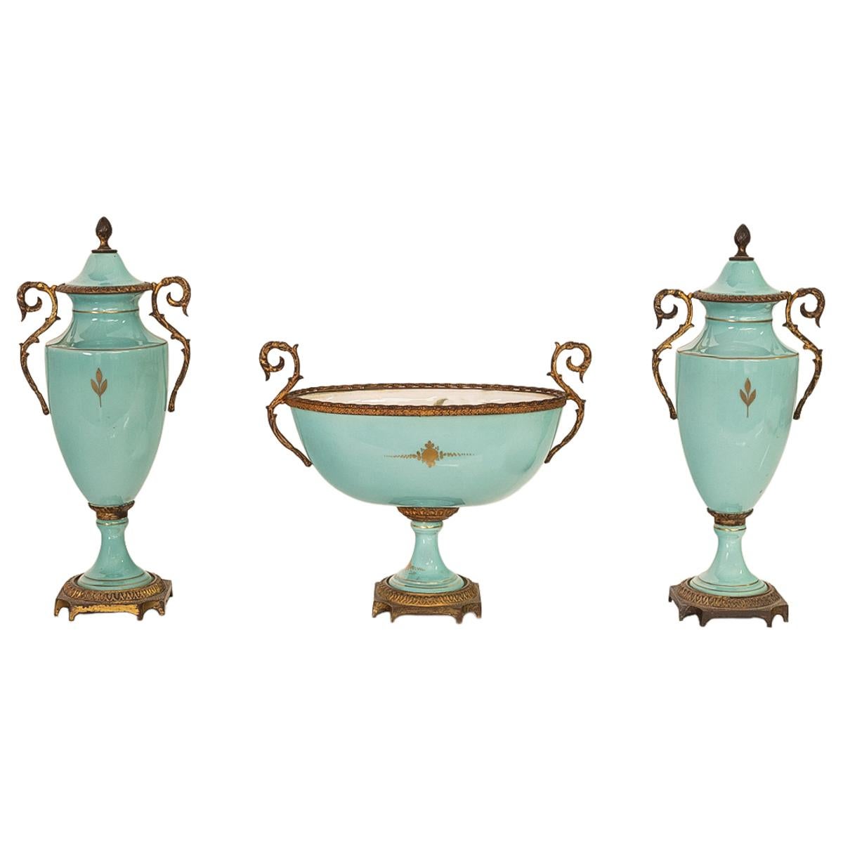 Early 20th Century Antique French Pale Blue Sevres Paris Porcelain Ormolu Vase Coupe Garniture 1915 For Sale