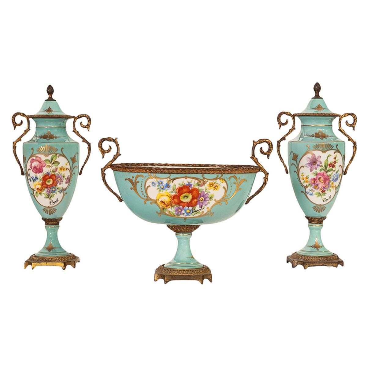 Antique French Pale Blue Sevres Paris Porcelain Ormolu Vase Coupe Garniture 1915 For Sale 3