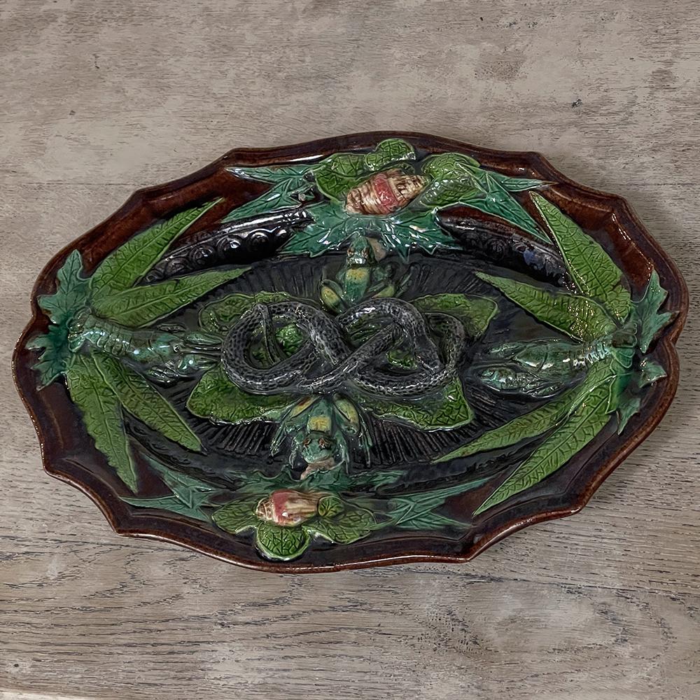 Hand-Painted Antique French Palissy Majolica Serving Platter For Sale