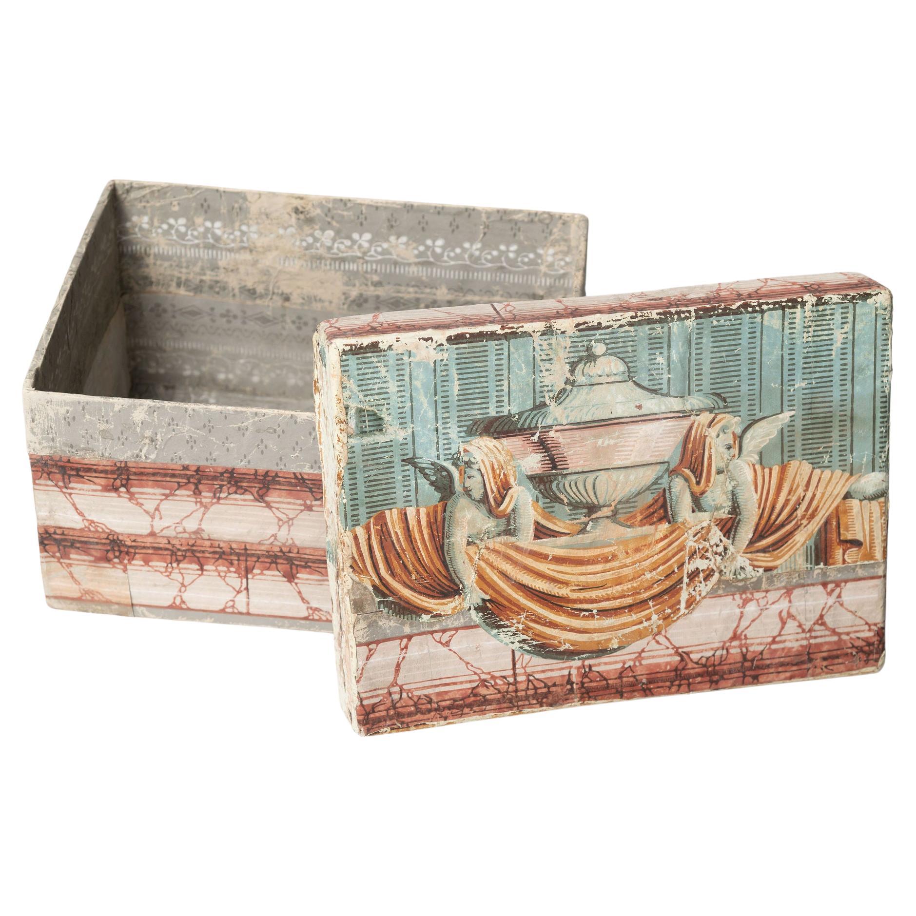 Antique French paper box, wallpaper  For Sale