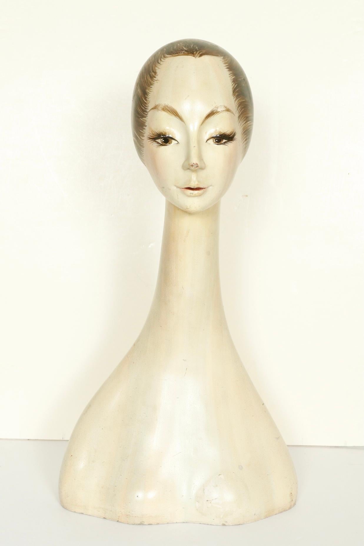Antique log nck mannequin bust for hat and scarf display.  Signed the Petite Faye model.

Hand painted papier mache.

France, circa 1920.

Dimensions: 24.75” H x 13” W x 7.5” D