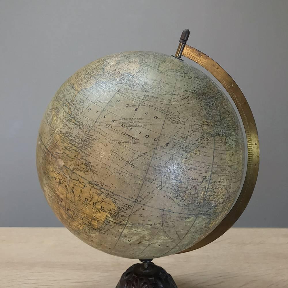 European Antique French World Globe on Painted Cast Iron Stand