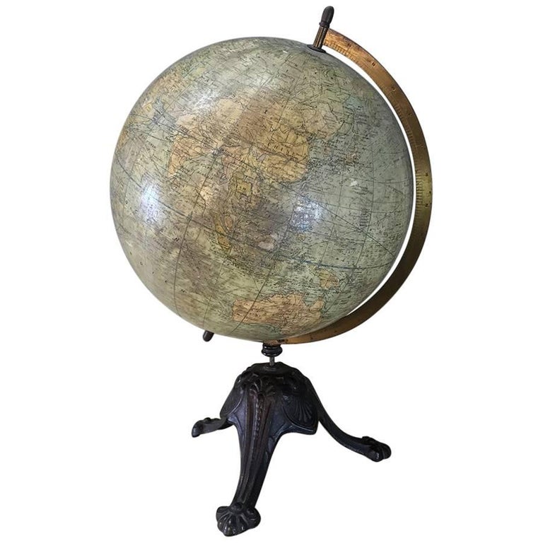 Antique French Paper Mache’ World Globe on Painted Cast Iron Stand For