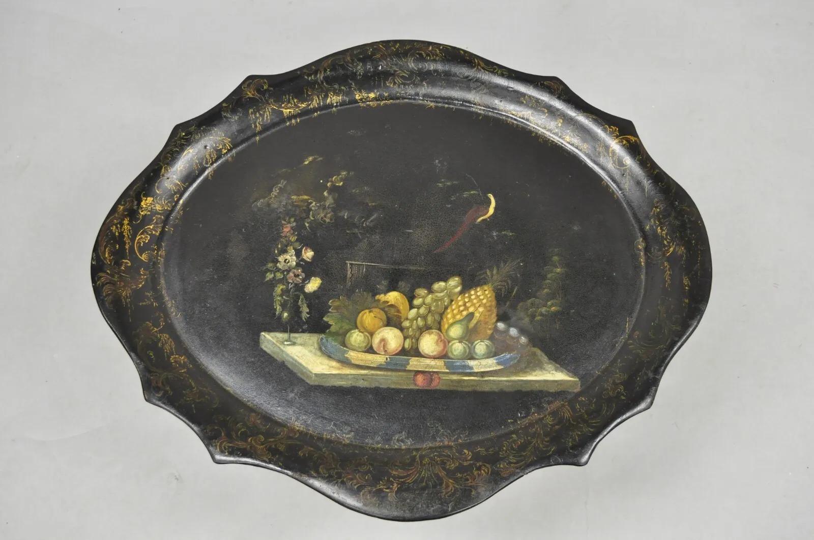 Antique French Papier Mache Tole Hand Painted Fruit Still Life and Bird Tray For Sale 6
