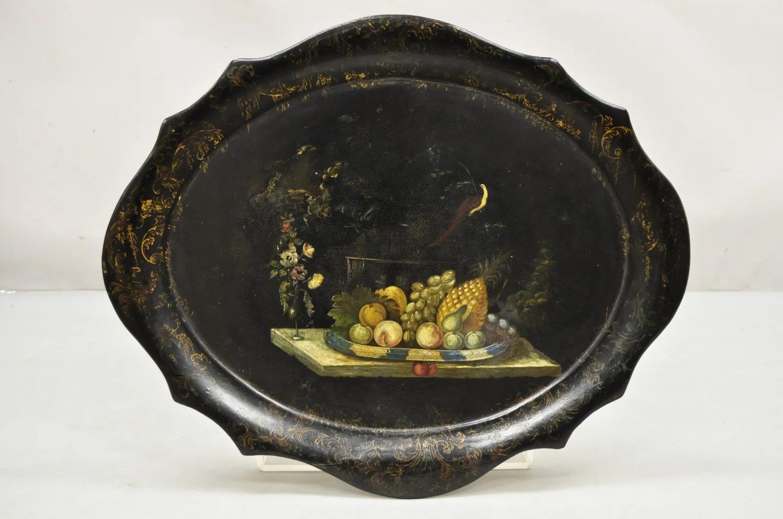 Antique French Papier Mache Tole Hand Painted Fruit Still Life and Bird Tray. Circa  19th Century. Measurements: 1.5