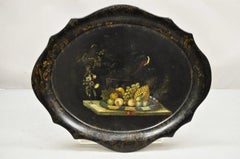 Antique French Papier Mache Tole Hand Painted Fruit Still Life and Bird Tray