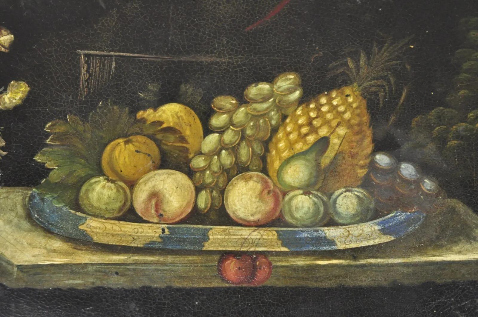 French Provincial Antique French Papier Mache Tole Hand Painted Fruit Still Life and Bird Tray For Sale