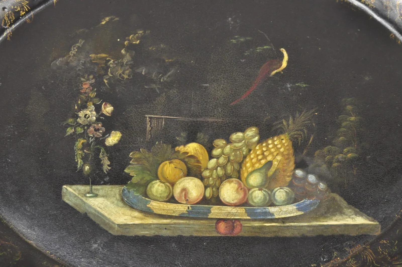 19th Century Antique French Papier Mache Tole Hand Painted Fruit Still Life and Bird Tray For Sale