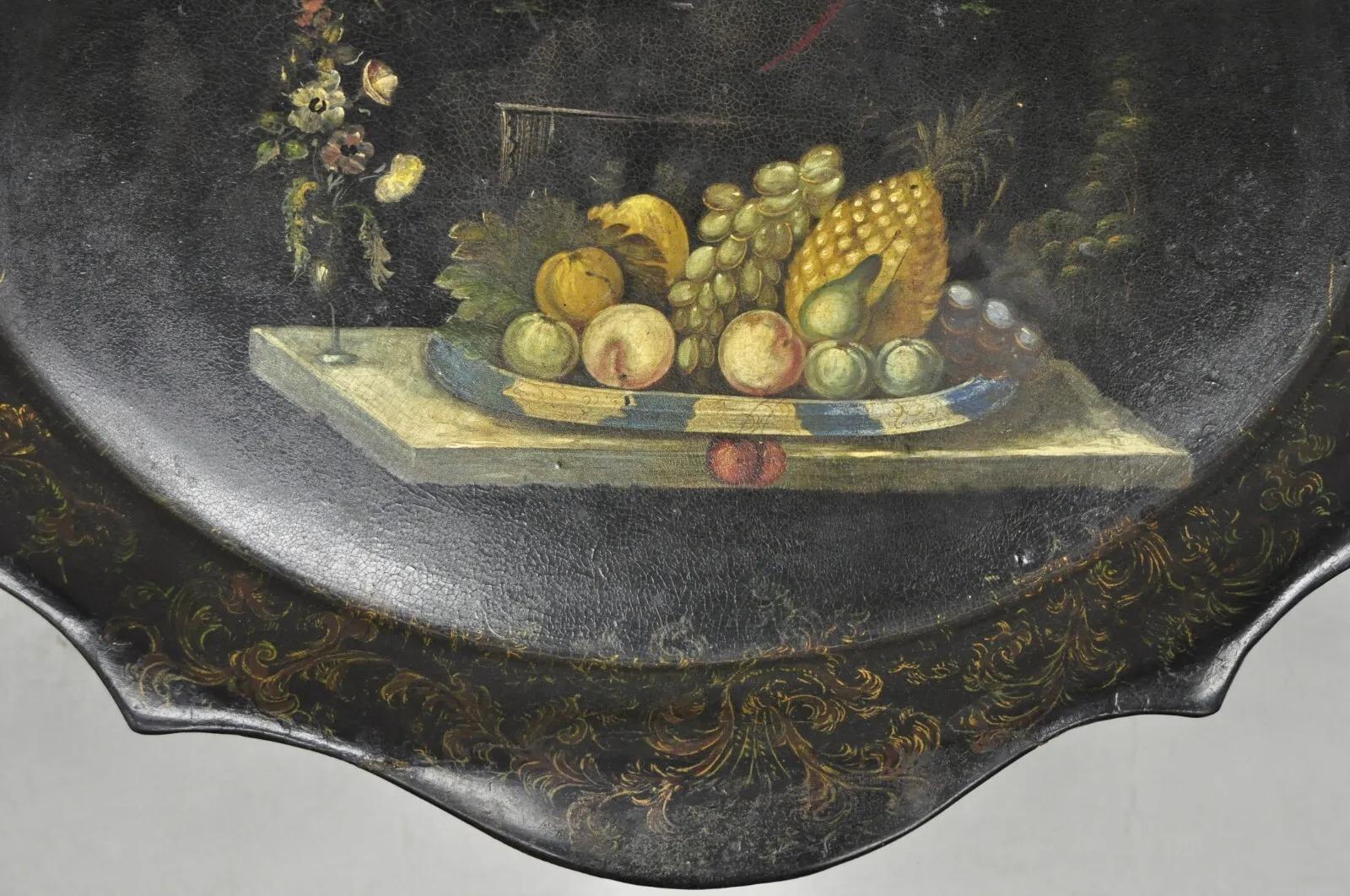 Antique French Papier Mache Tole Hand Painted Fruit Still Life and Bird Tray For Sale 1