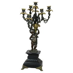 Antique French Parcel Gilt Bronze & Slate Figural Candelabra with Cherub 19thC