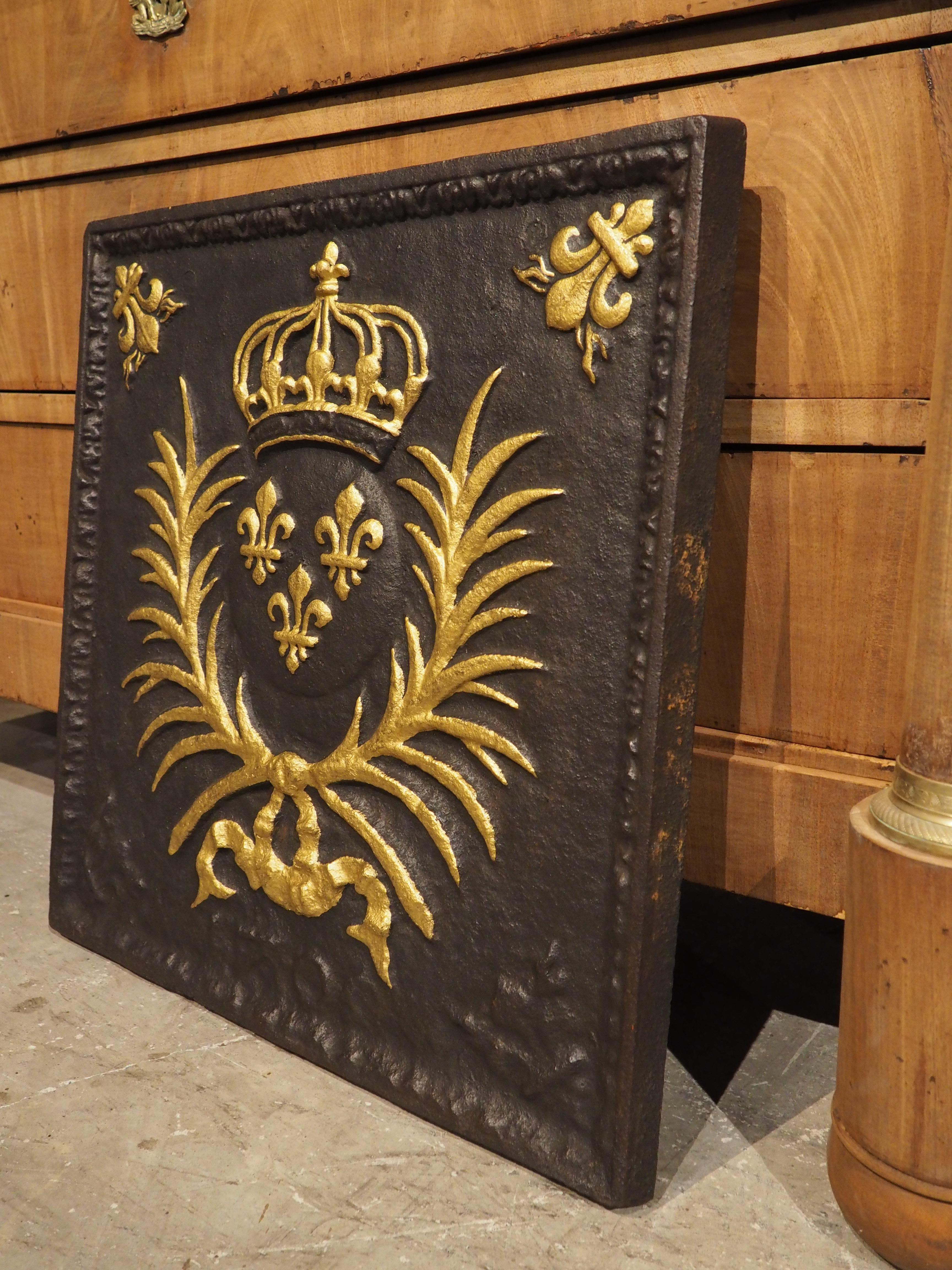 Antique French Parcel Gilt Cast Iron Fireback, The Arms of France, 19th Century 10