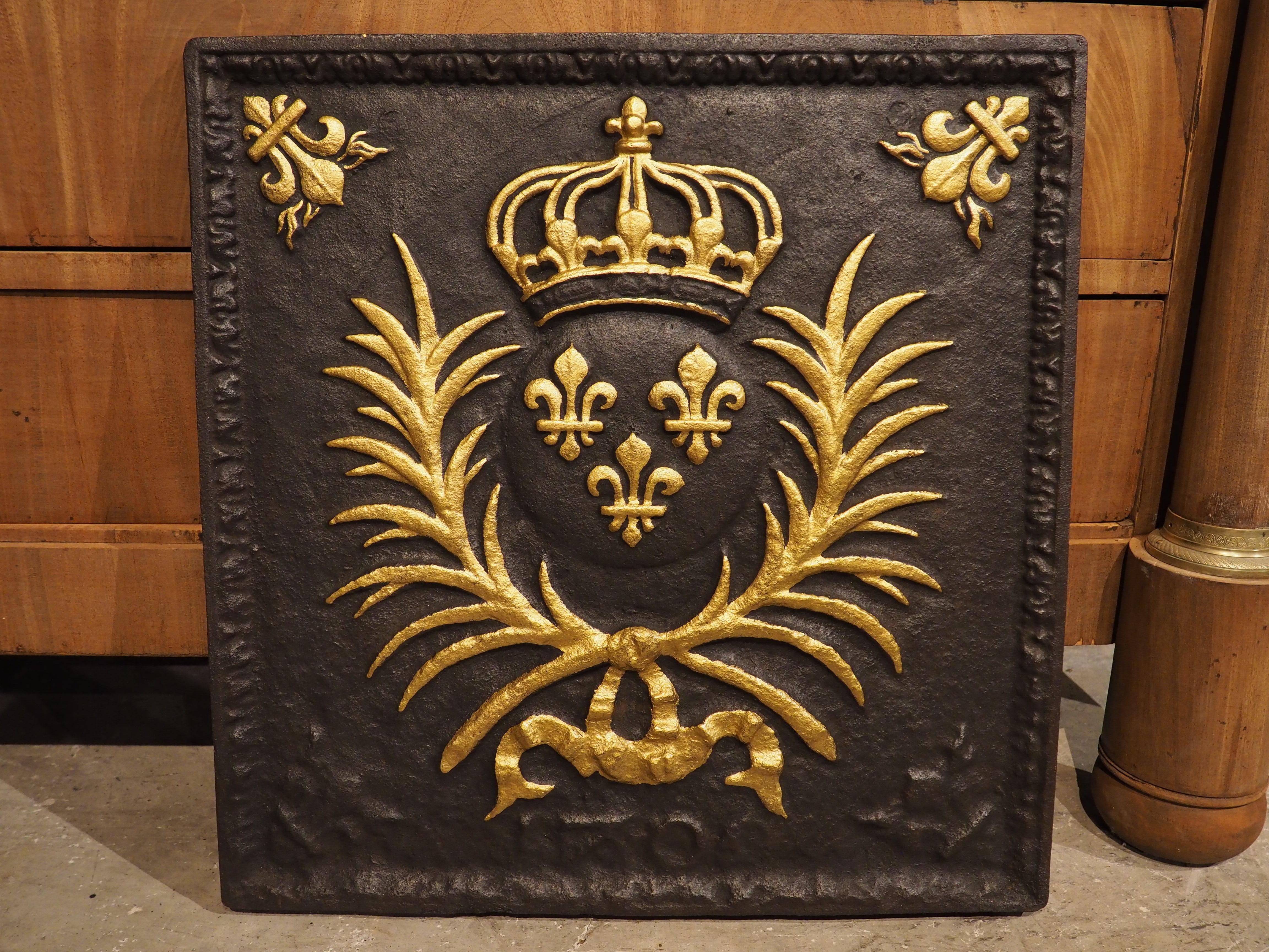 Antique French Parcel Gilt Cast Iron Fireback, The Arms of France, 19th Century 11