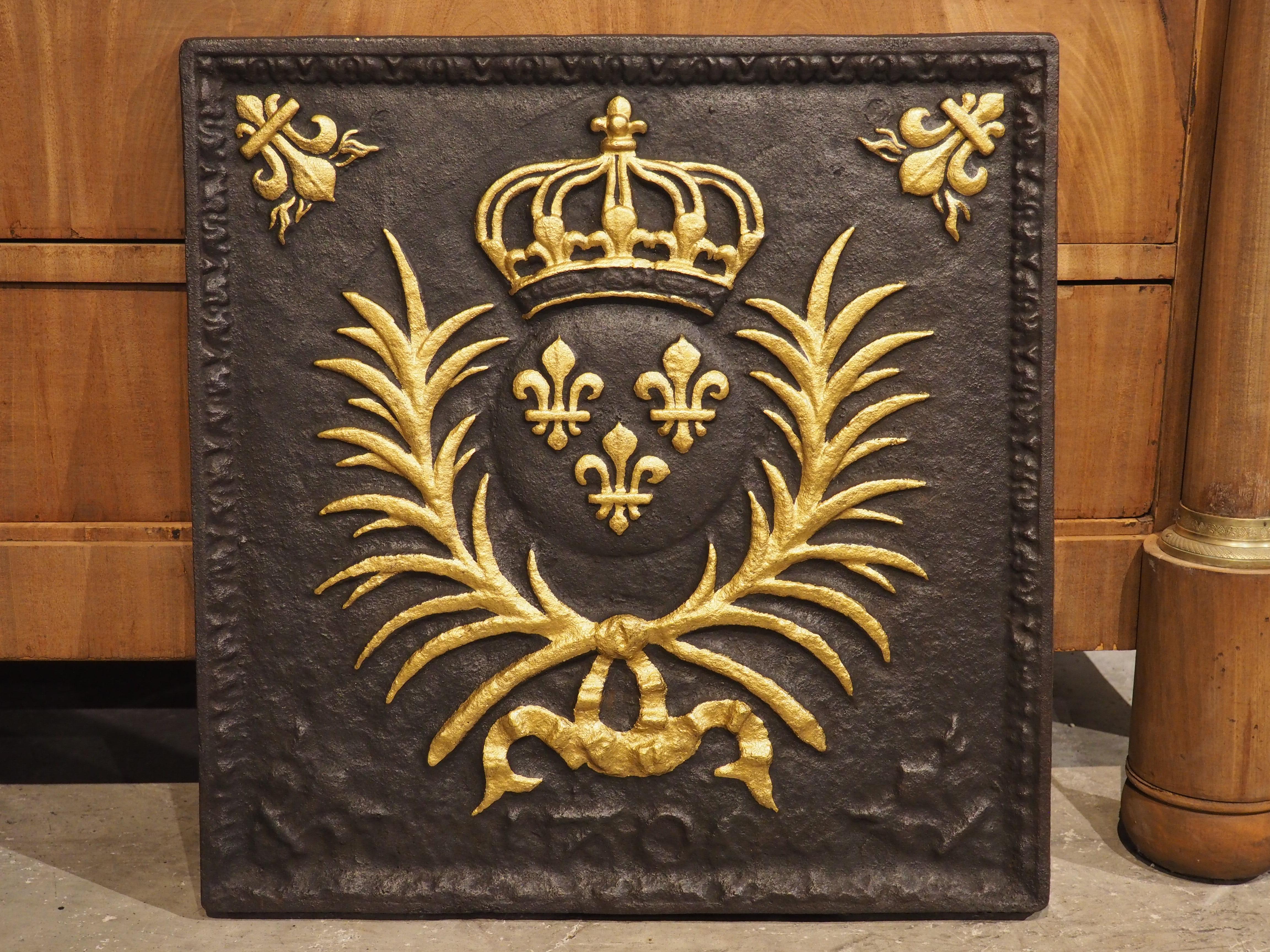 Antique French Parcel Gilt Cast Iron Fireback, The Arms of France, 19th Century 12