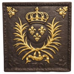 Antique French Parcel Gilt Cast Iron Fireback, The Arms of France, 19th Century