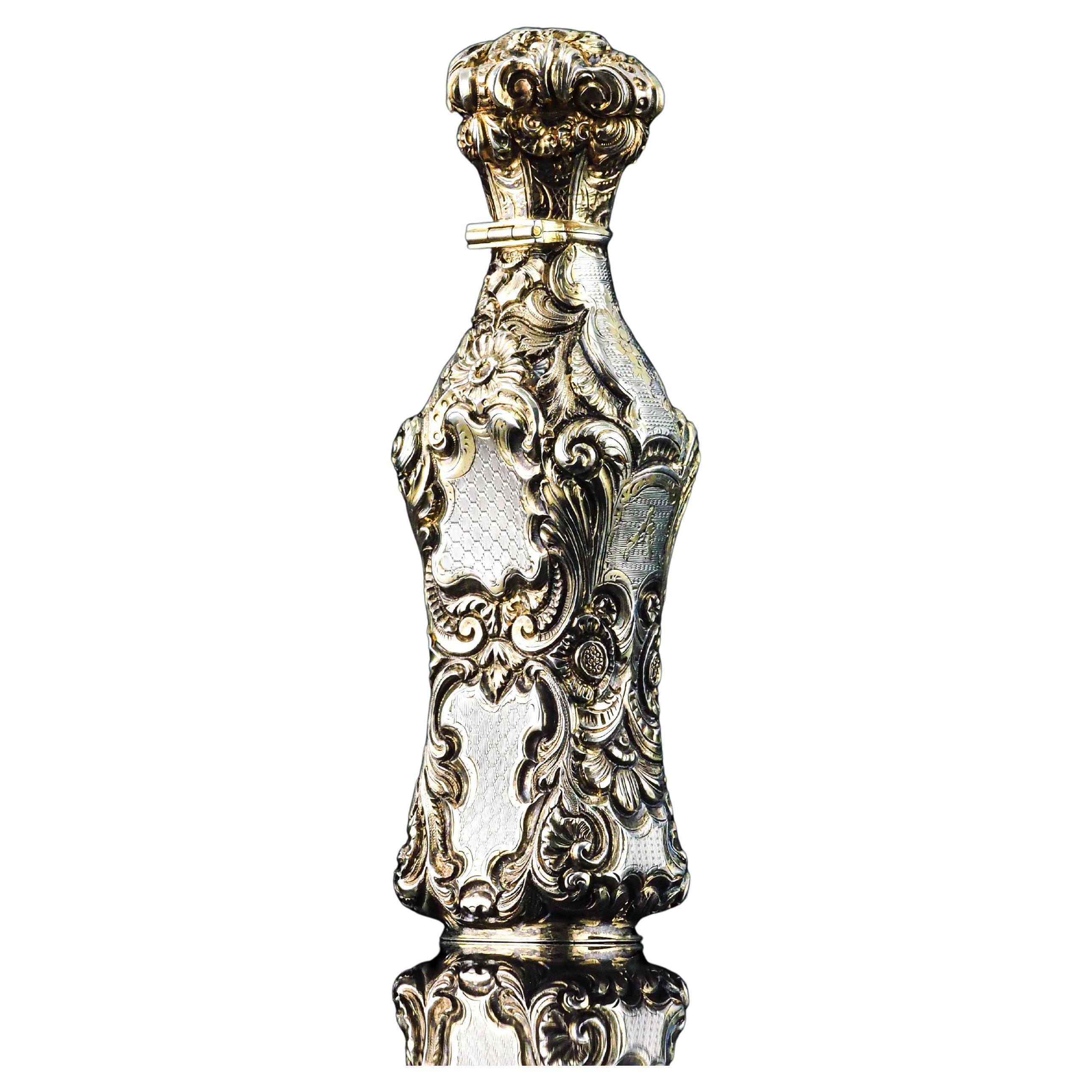 Antique French Parcel-Gilt Silver Scent Bottle/Flaskask avec décorations ornées - 1