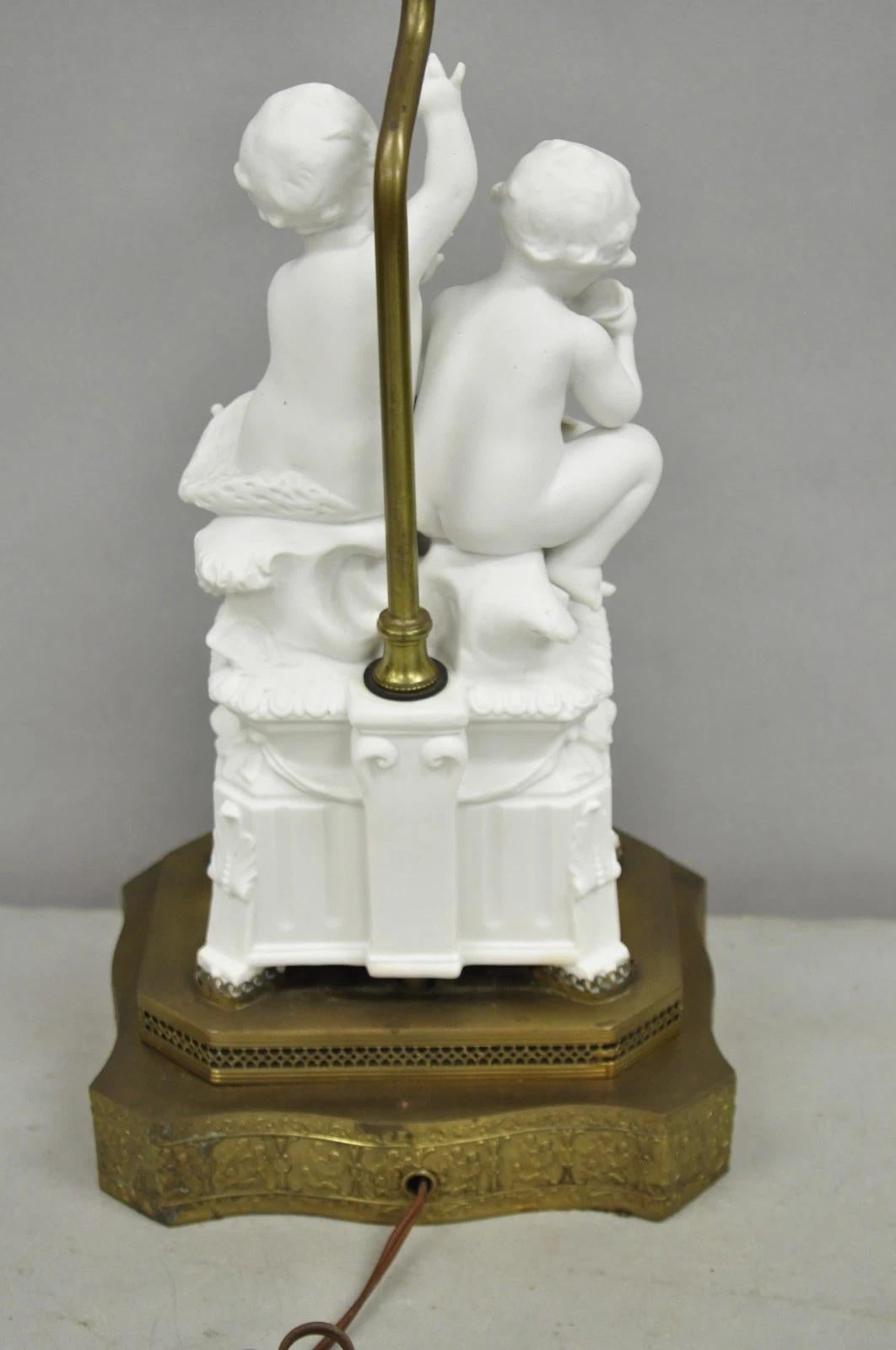 Antique French Parian Bisque Porcelain White Double Cherub & Shell Table Lamp For Sale 3