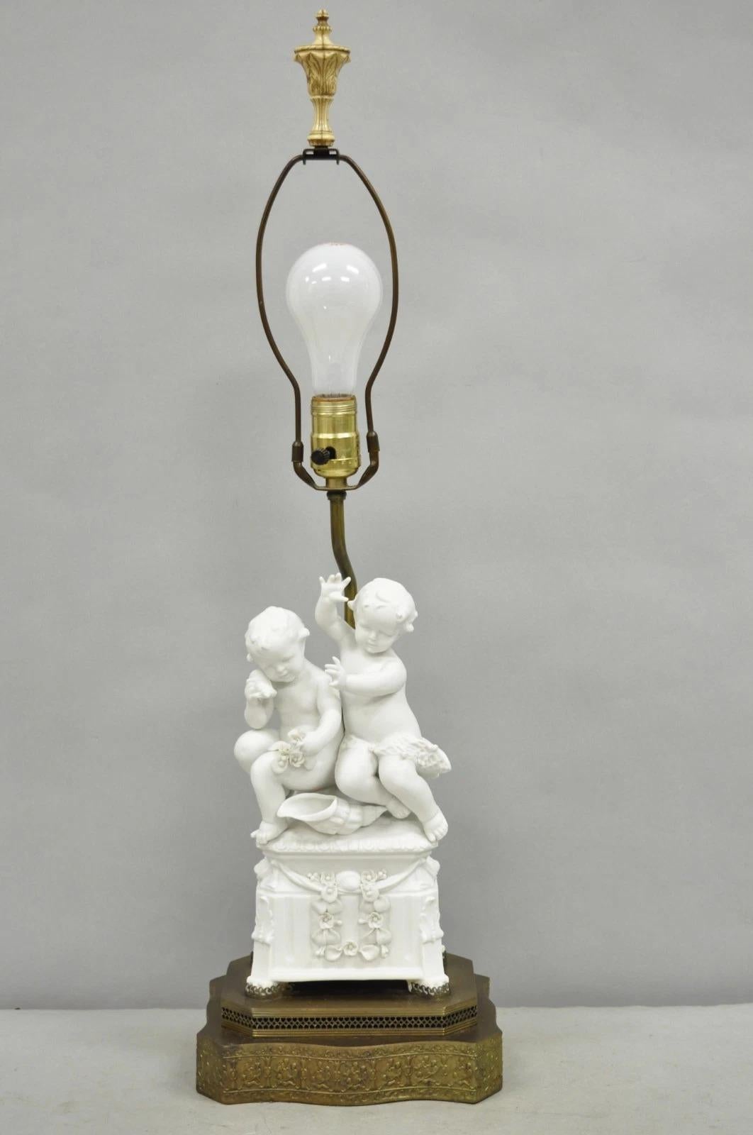 Antique French Parian Bisque Porcelain White Double Cherub & Shell Table Lamp For Sale 5