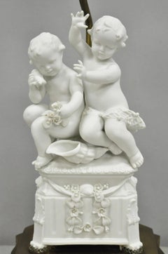 Antique French Parian Bisque Porcelain White Double Cherub & Shell Table Lamp