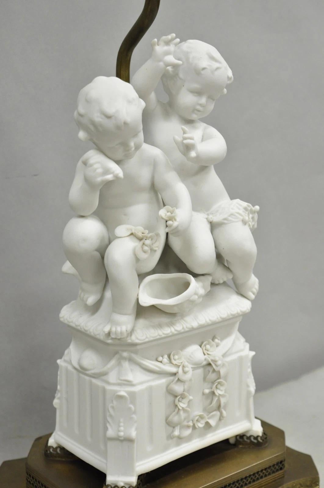 Renaissance Antique French Parian Bisque Porcelain White Double Cherub & Shell Table Lamp For Sale