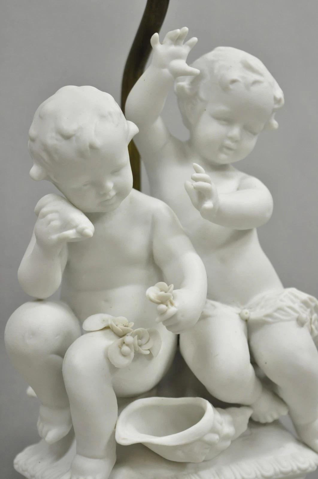 Unknown Antique French Parian Bisque Porcelain White Double Cherub & Shell Table Lamp For Sale