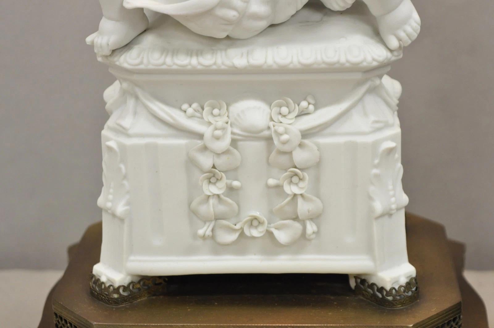 Brass Antique French Parian Bisque Porcelain White Double Cherub & Shell Table Lamp For Sale
