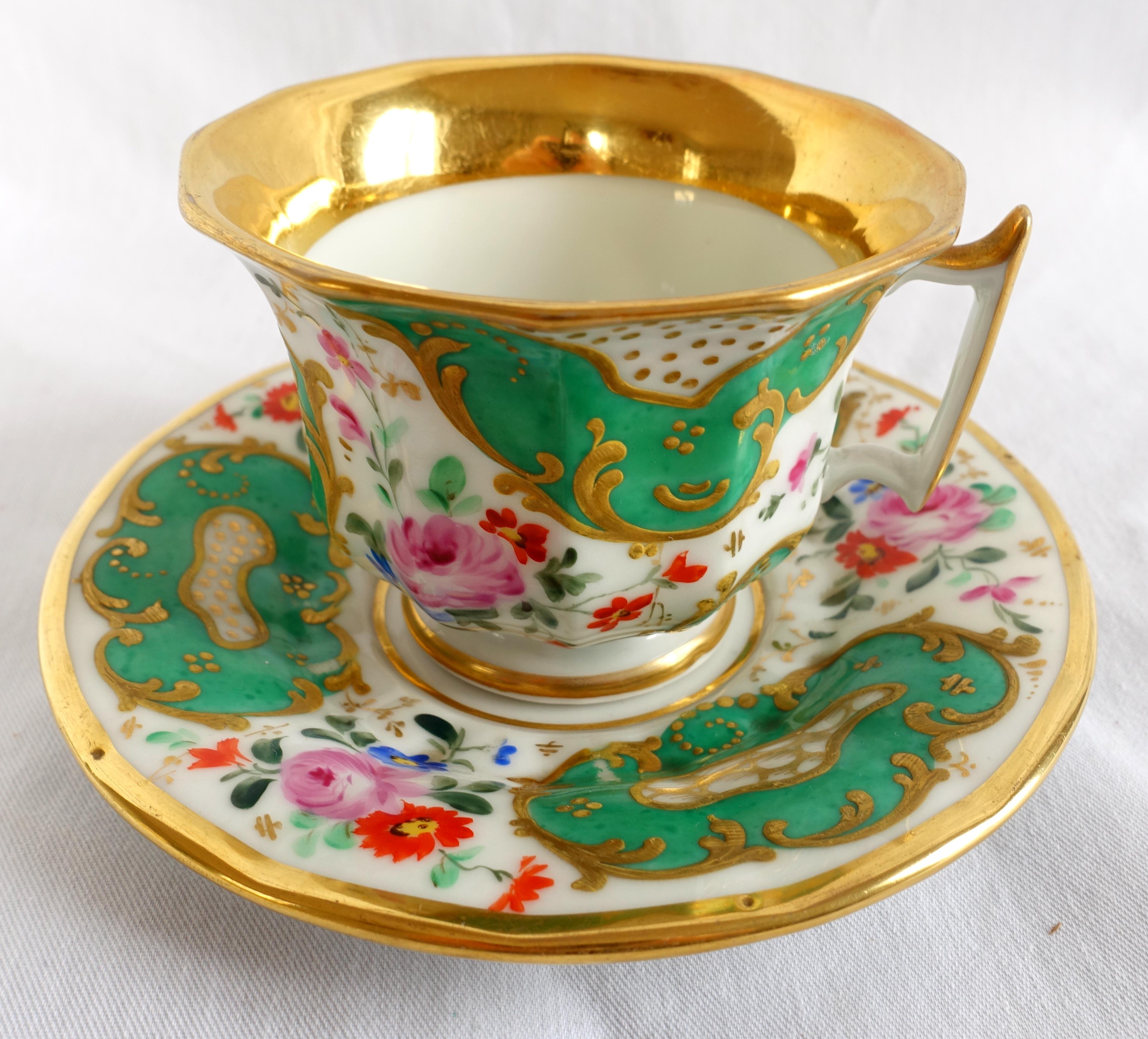 Gilt Antique French Paris porcelain coffee set for 6 - cups & saucers - 19th century