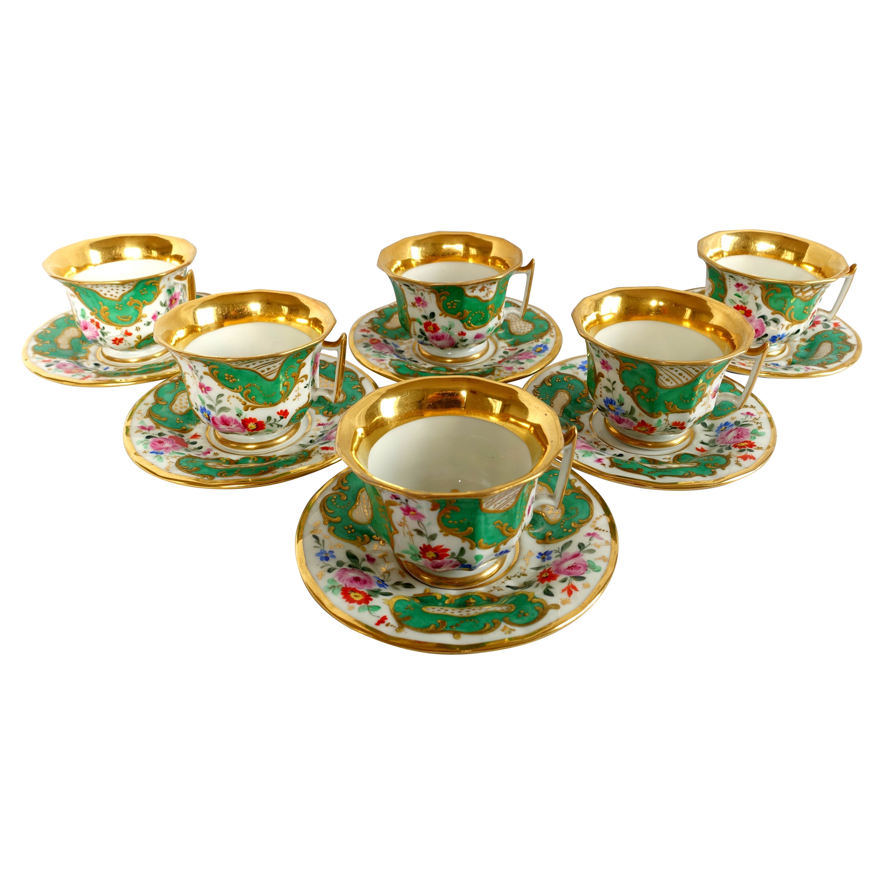 Antique French Paris porcelain coffee set for 6 - cups 
saucers - 19th century