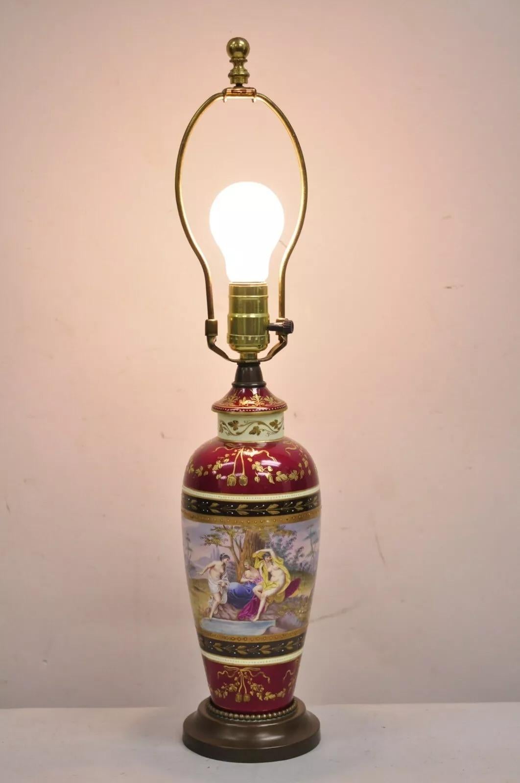 Antique French Paris Porcelain Figural Hand Painted Small Red Table Lamp. Circa Early 20th Century. Measurements: 22.5