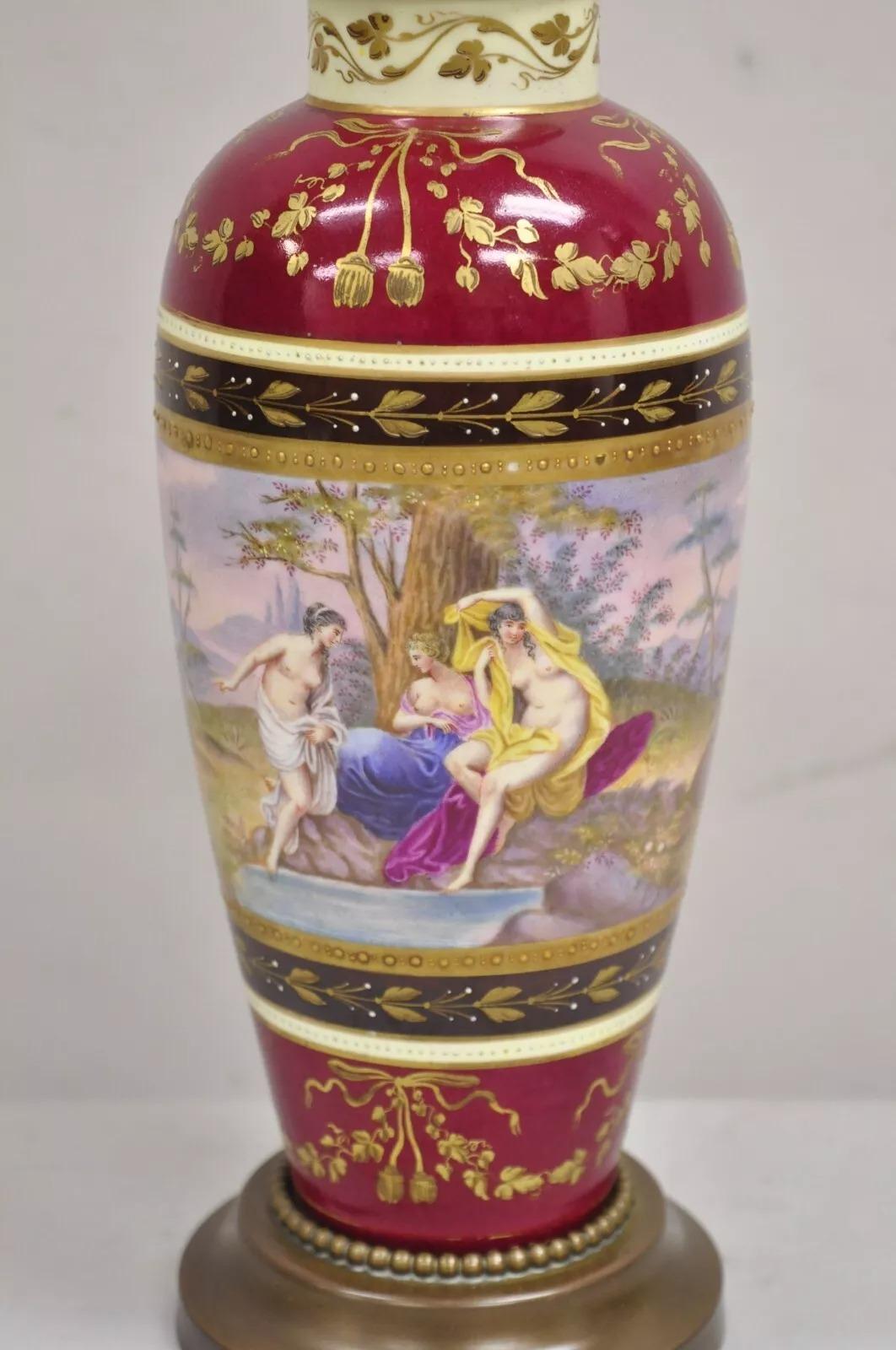 Renaissance Antique French Paris Porcelain Figural Red Hand Painted Small Table Lamp For Sale