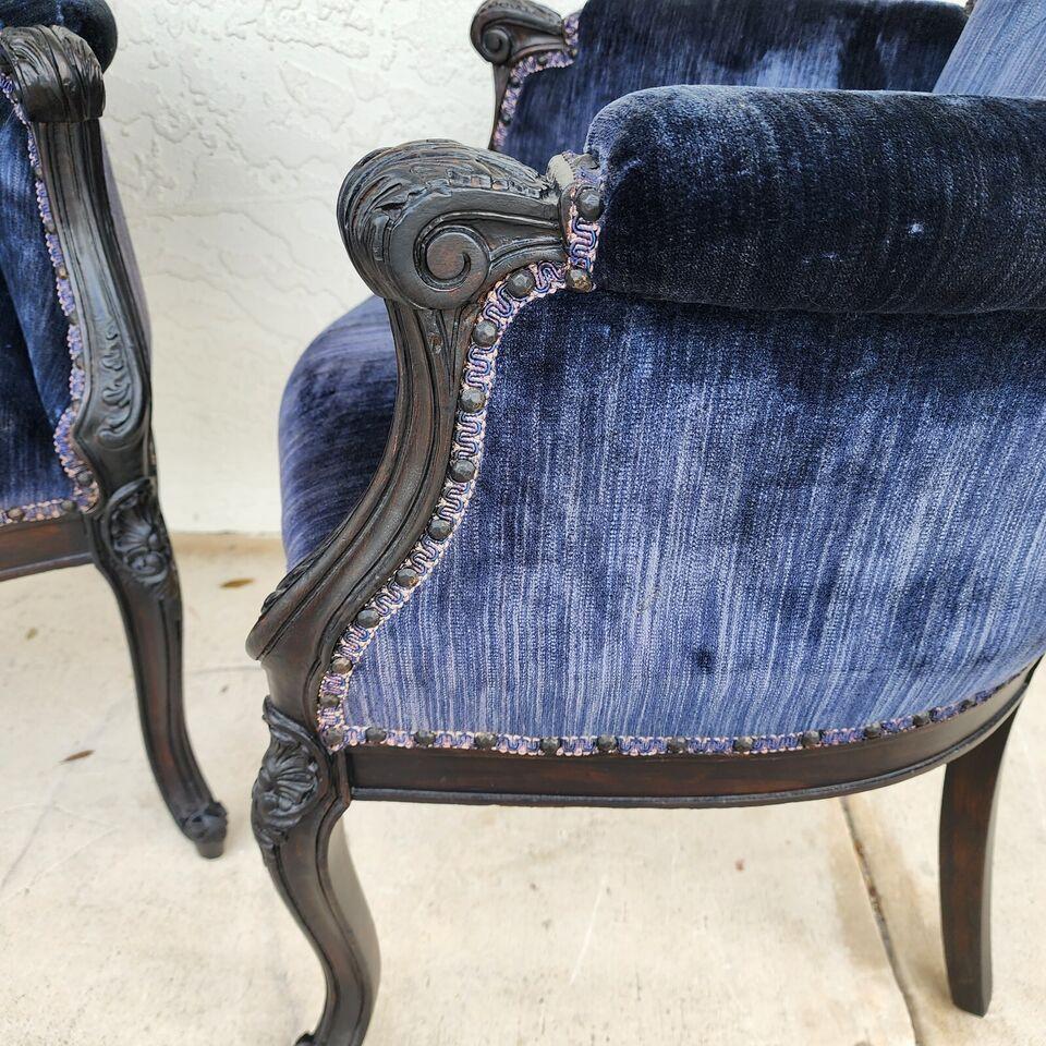 Velvet Antique French Parlor Chairs Pair For Sale