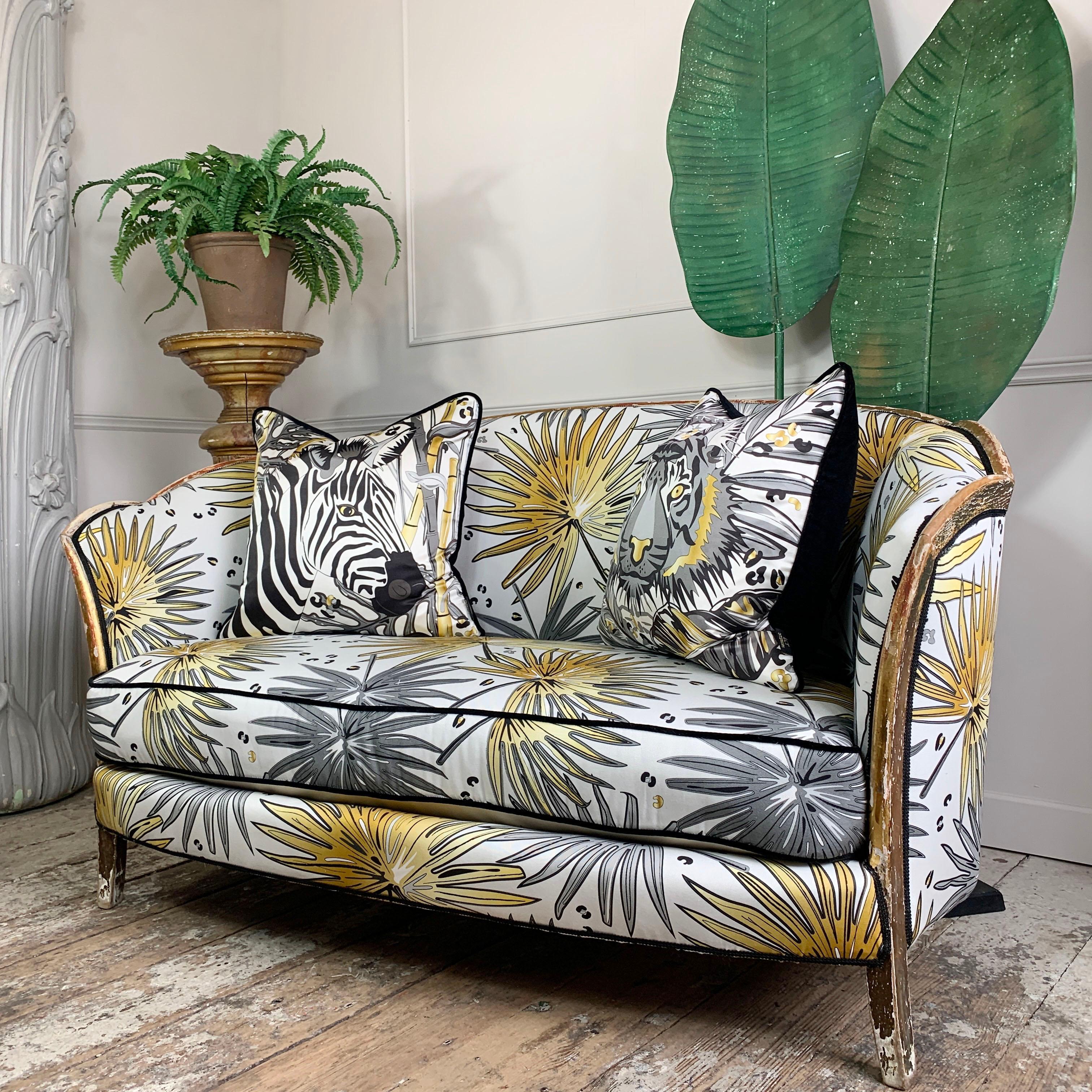 Napoleon III Antique French Parlour Settee in Tropics 'Fan Palm' Fabric For Sale