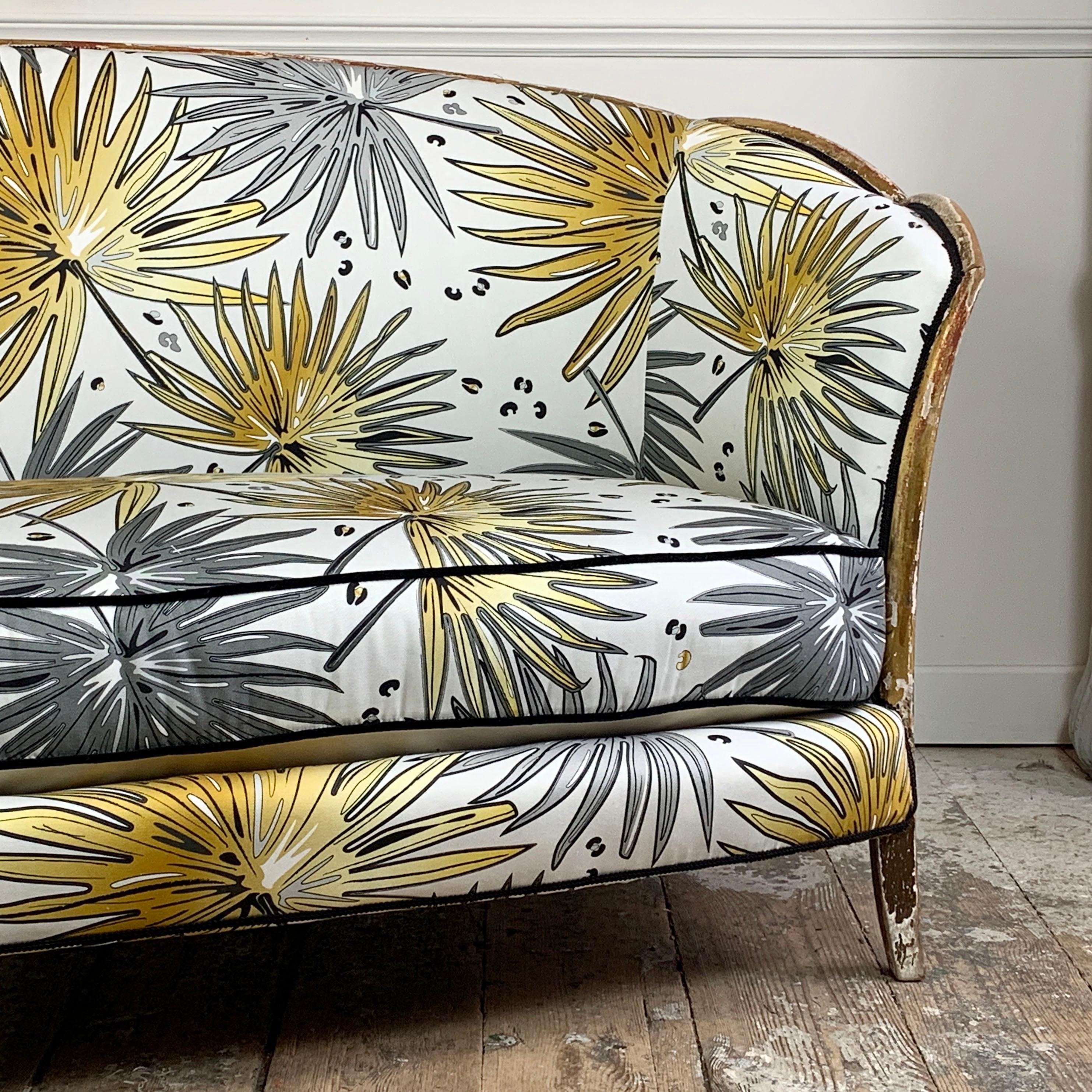 Antique French Parlour Settee in Tropics 'Fan Palm' Fabric In Fair Condition For Sale In Hastings, GB
