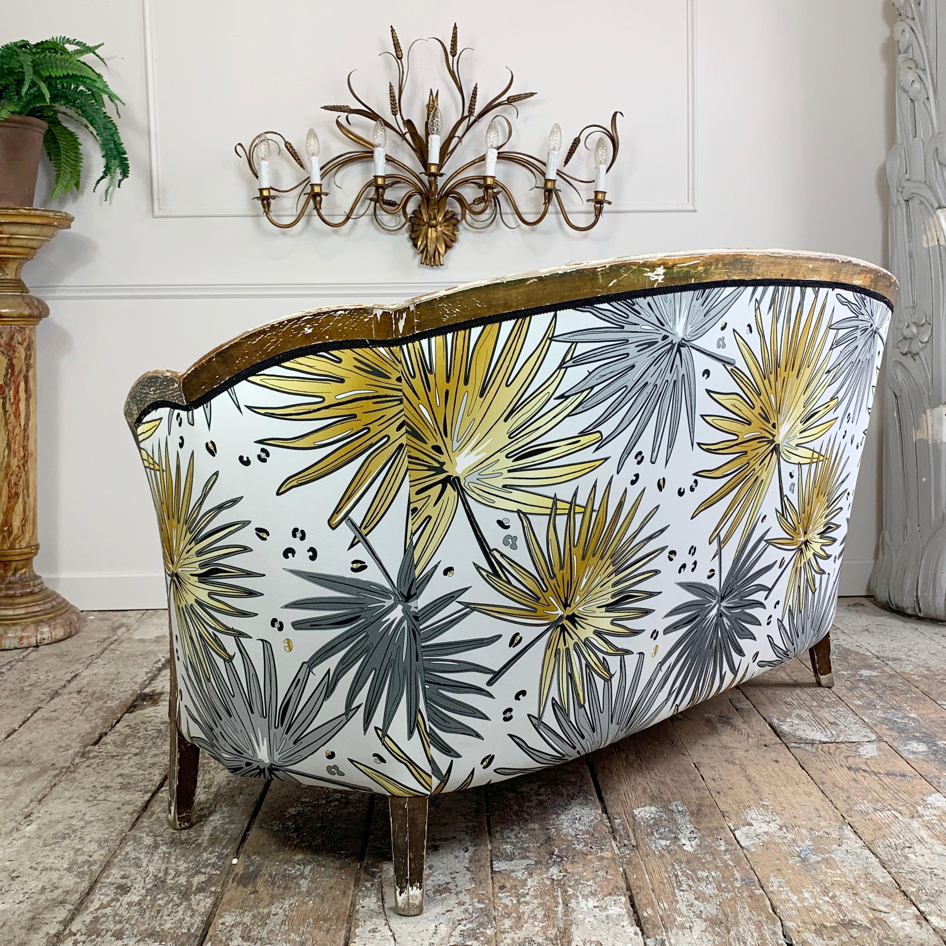 Cotton Antique French Parlour Settee in Tropics 'Fan Palm' Fabric For Sale