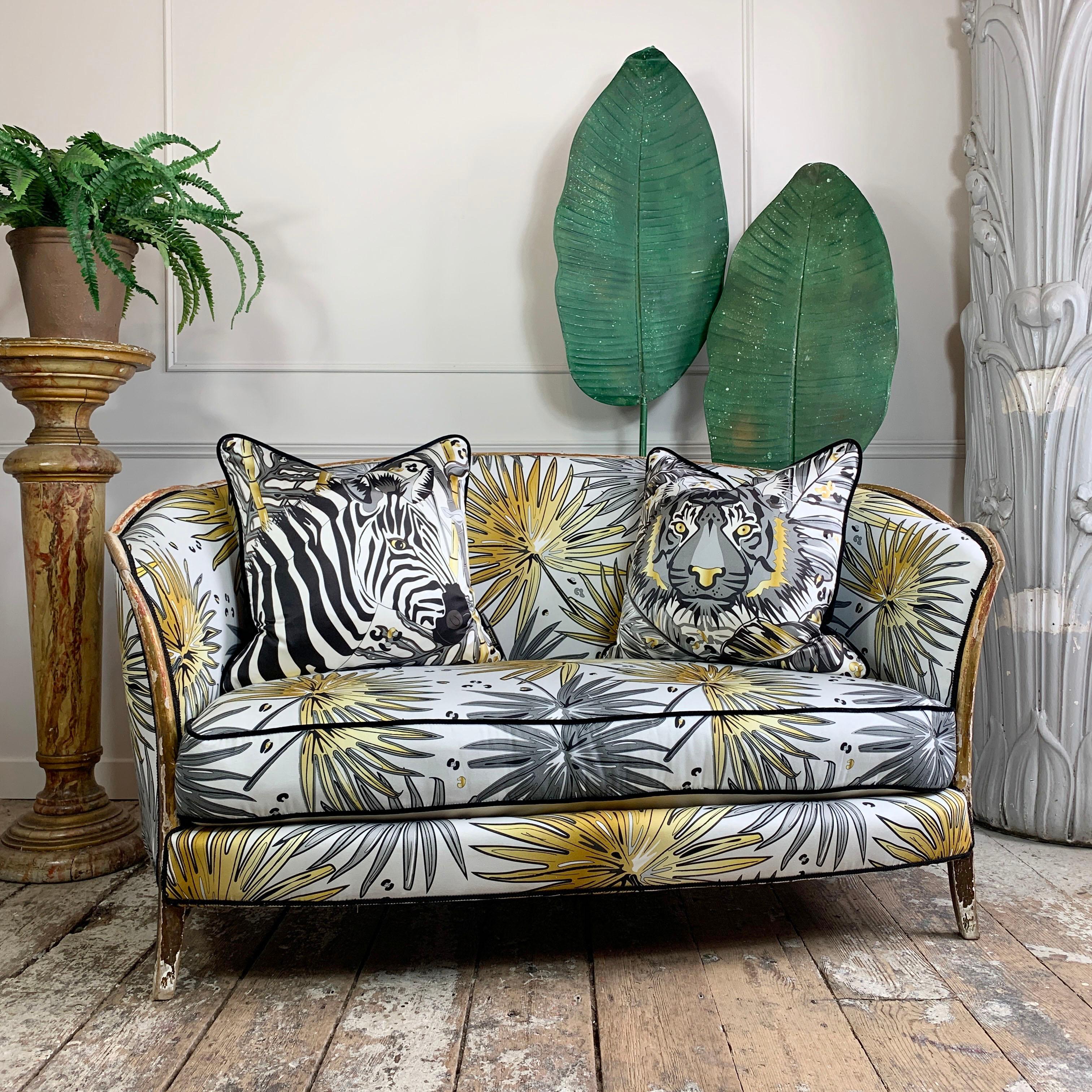 Antique French Parlour Settee in Tropics 'Fan Palm' Fabric For Sale 1