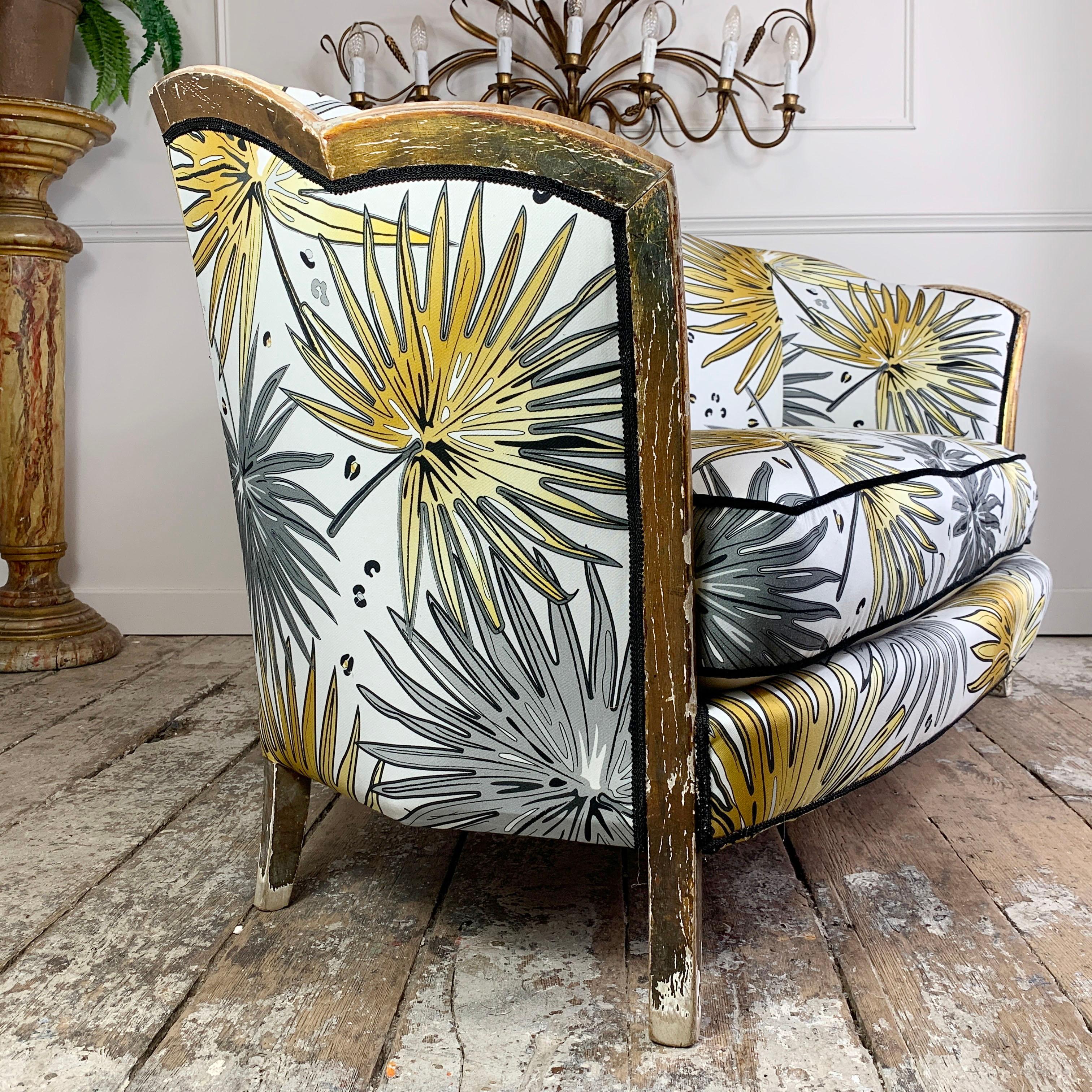 Antique French Parlour Settee in Tropics 'Fan Palm' Fabric For Sale 2