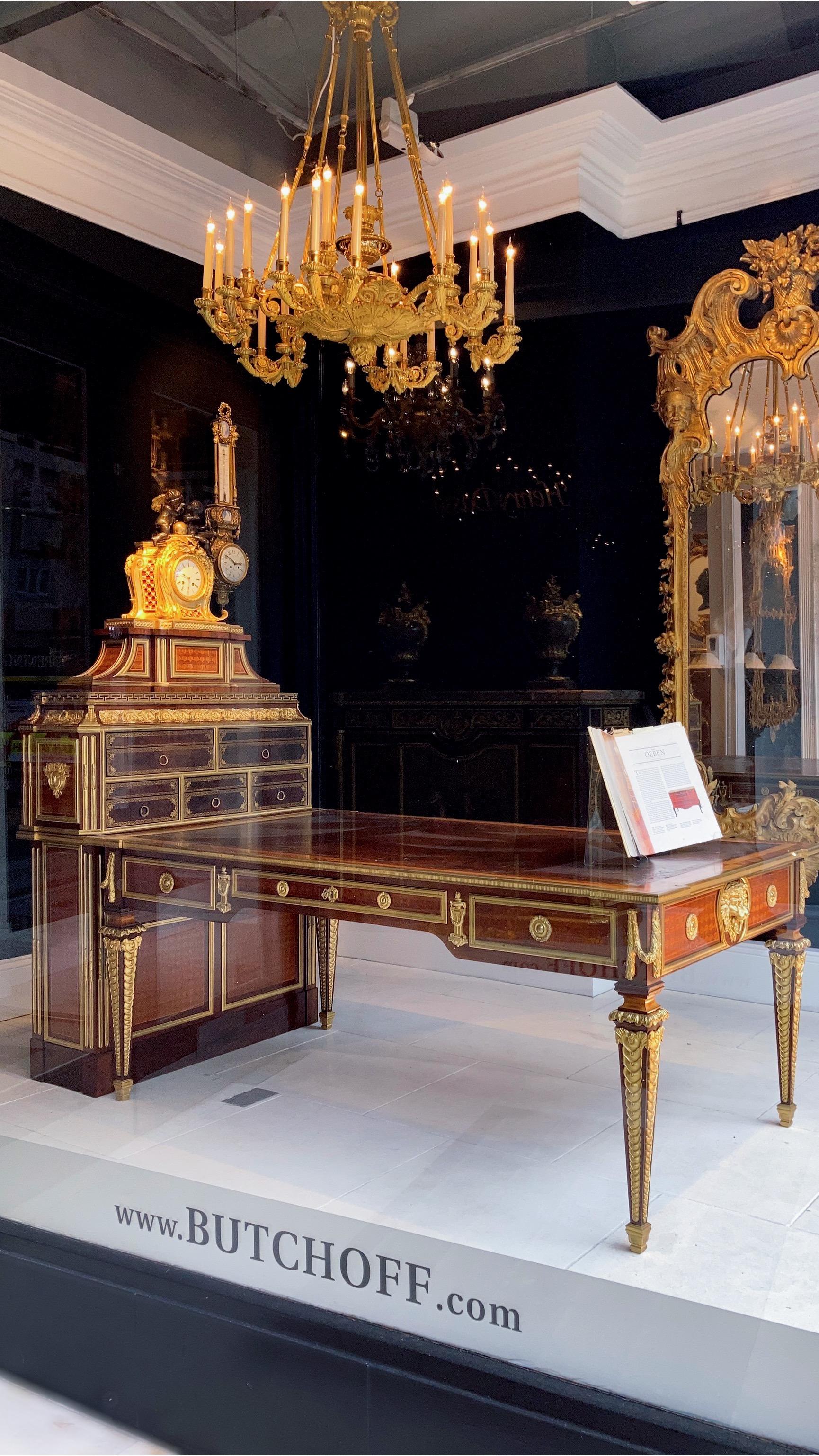 Louis XVI Antique French Parquetry and Bronze Cartonnier Writing Desk with Clock For Sale