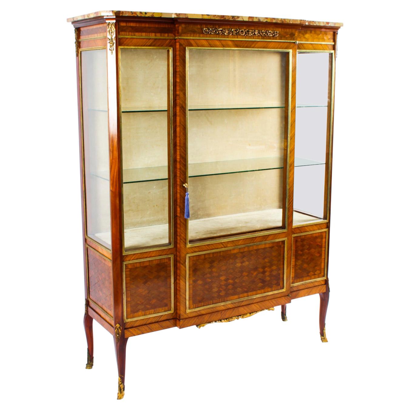 Antique French Parquetry Ormolu Mounted Vitrine Cabinet 19th C For Sale