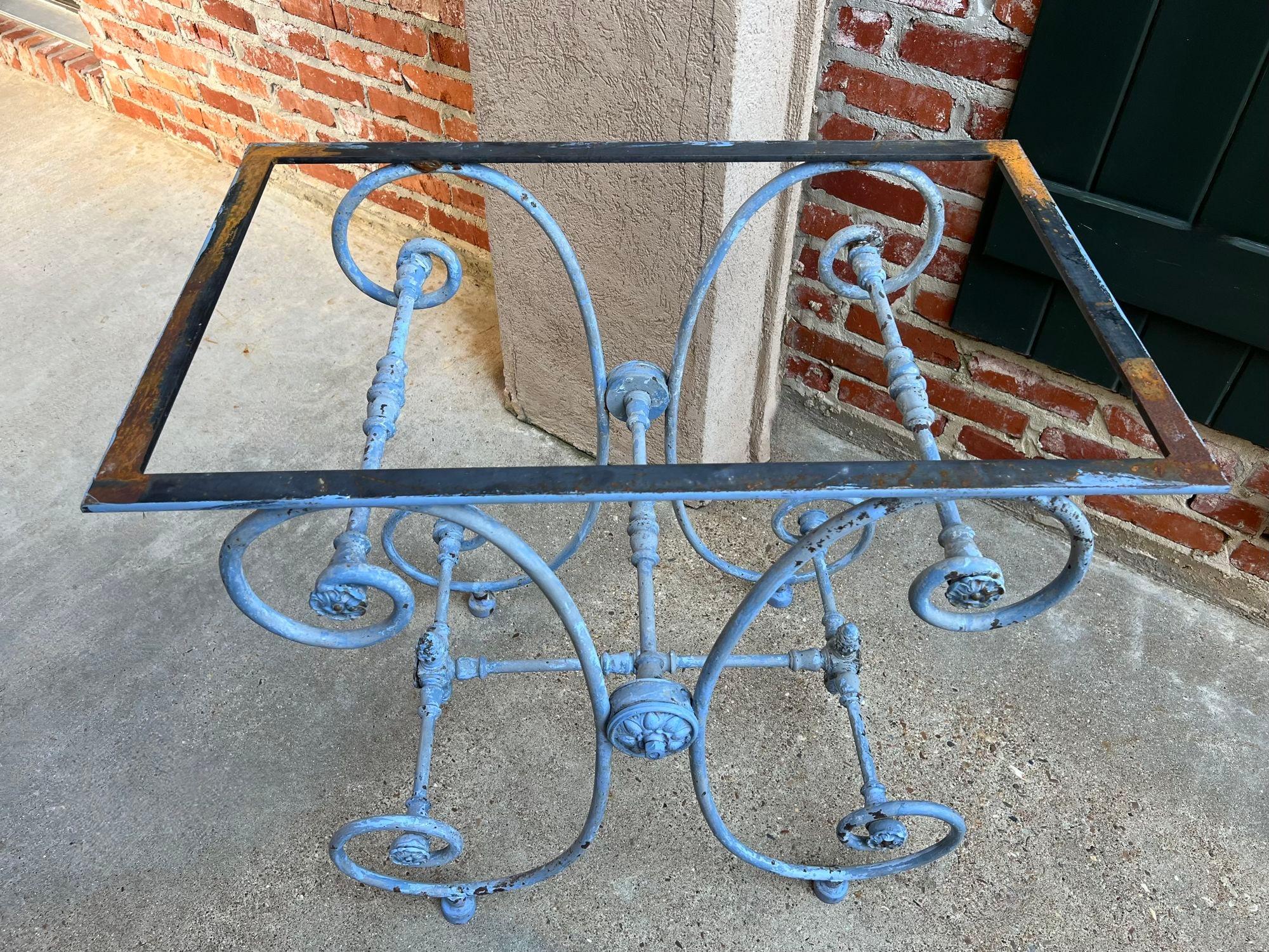 Antique French Pastry Baker’s Table Blue Iron White Marble Small Kitchen Island For Sale 5