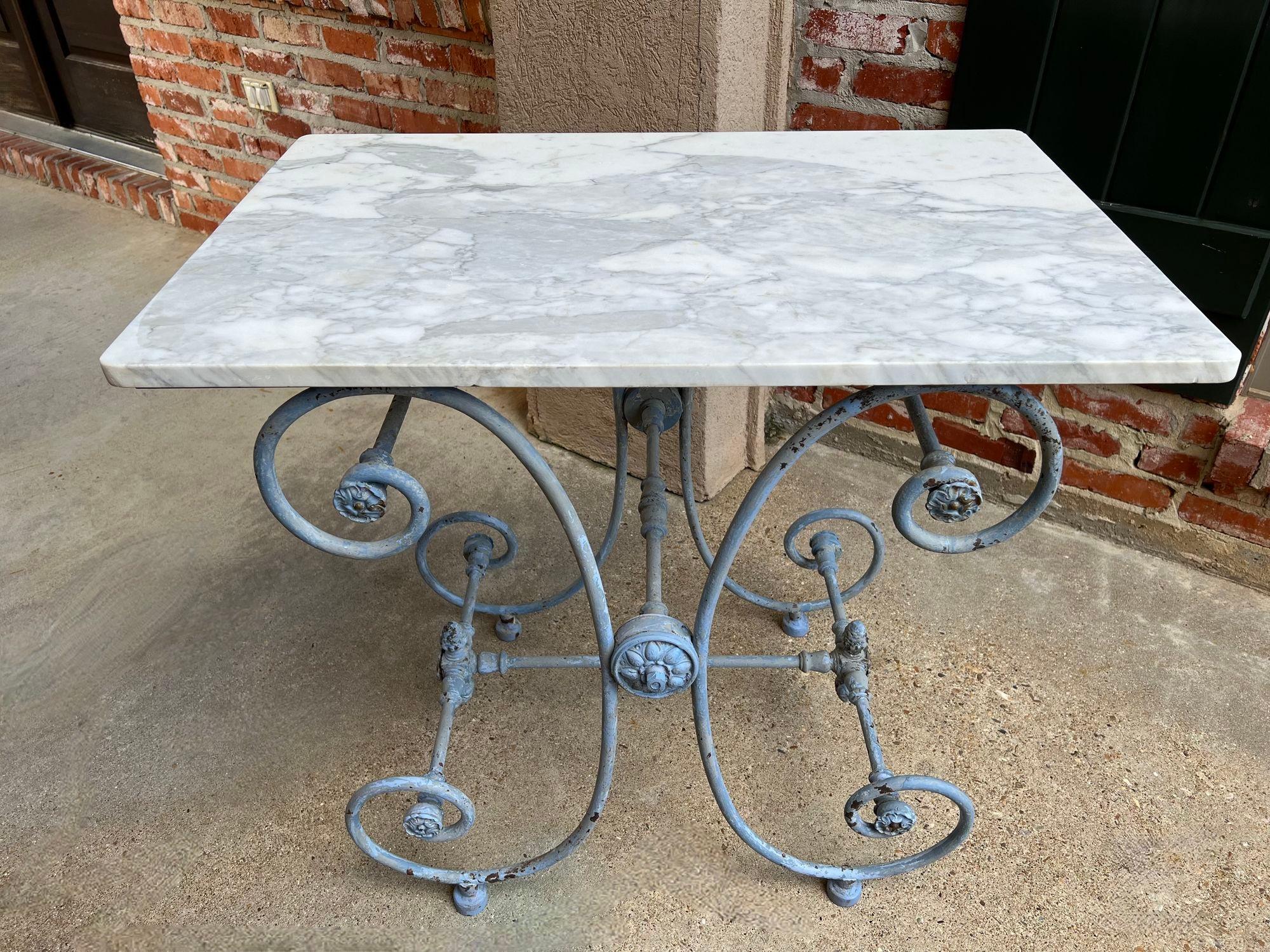 Antique French Pastry Baker’s Table Blue Iron White Marble Small Kitchen Island For Sale 9